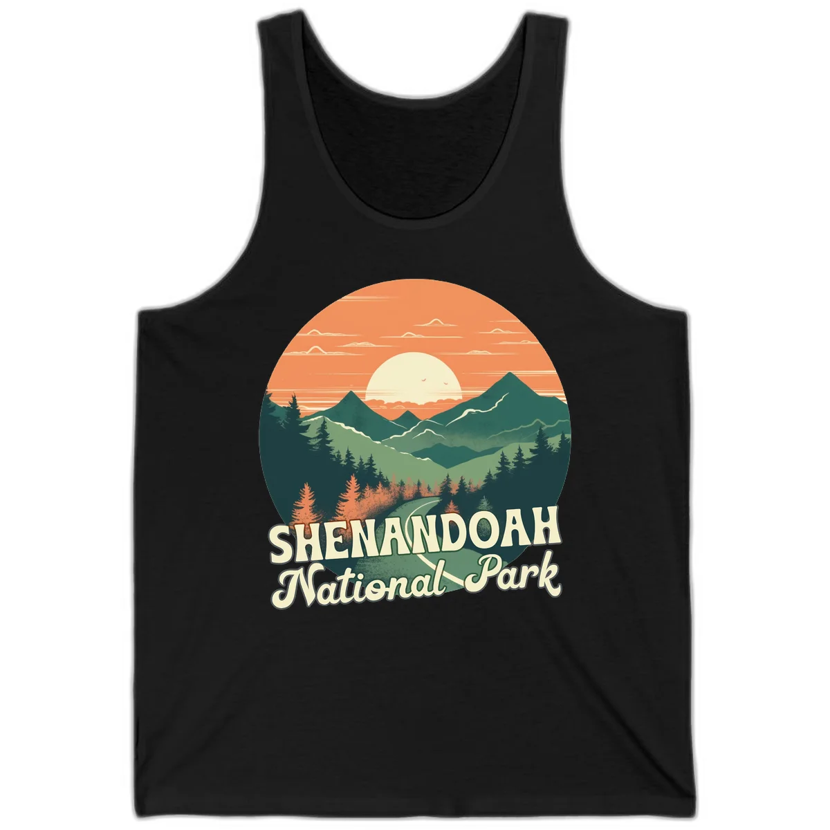 Vintage-style illustration of Shenandoah National Park with layered mountains, evergreen forests, and a large orange sunset sky with text reading Shenandoah National Park. in Black