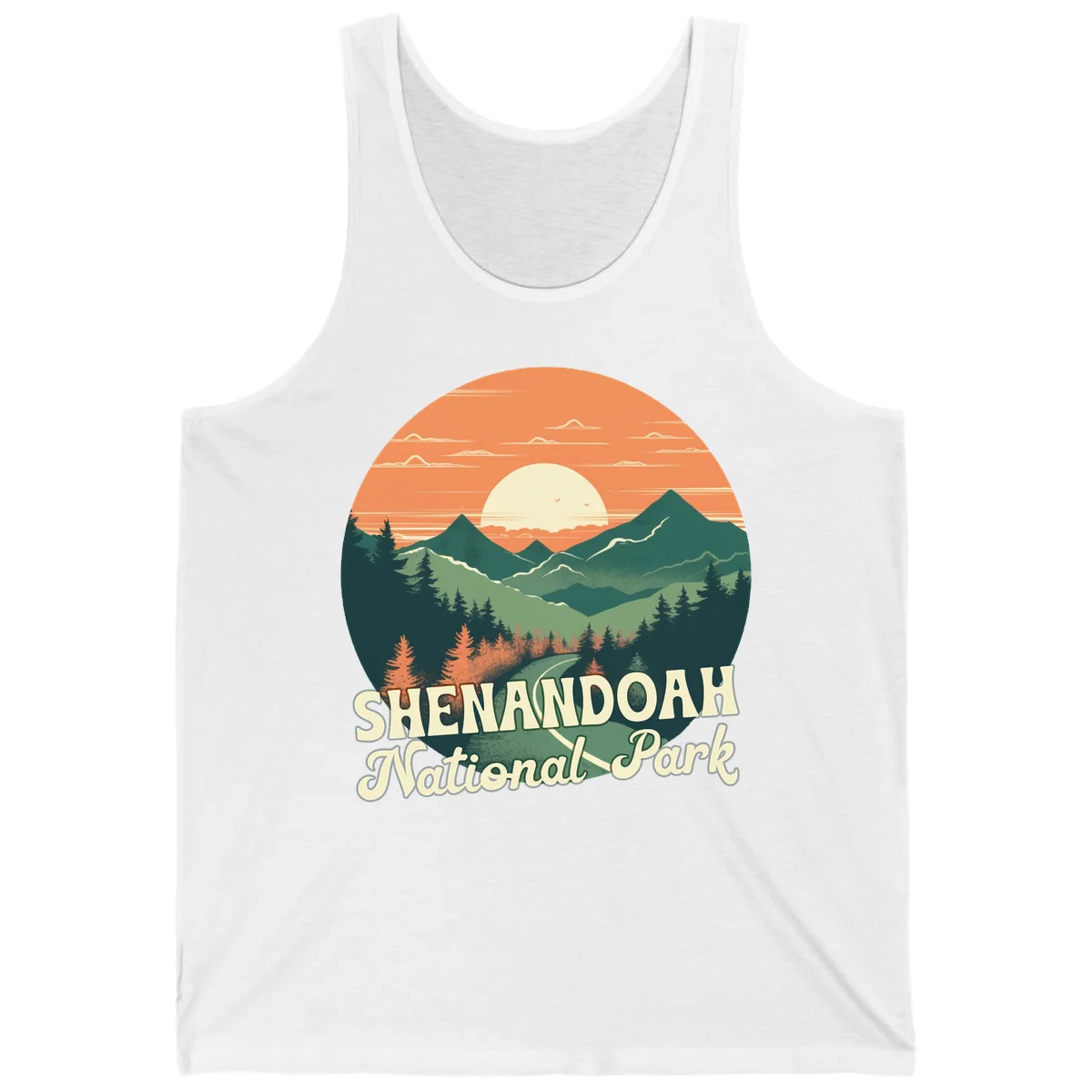 Vintage-style illustration of Shenandoah National Park with layered mountains, evergreen forests, and a large orange sunset sky with text reading Shenandoah National Park. in White