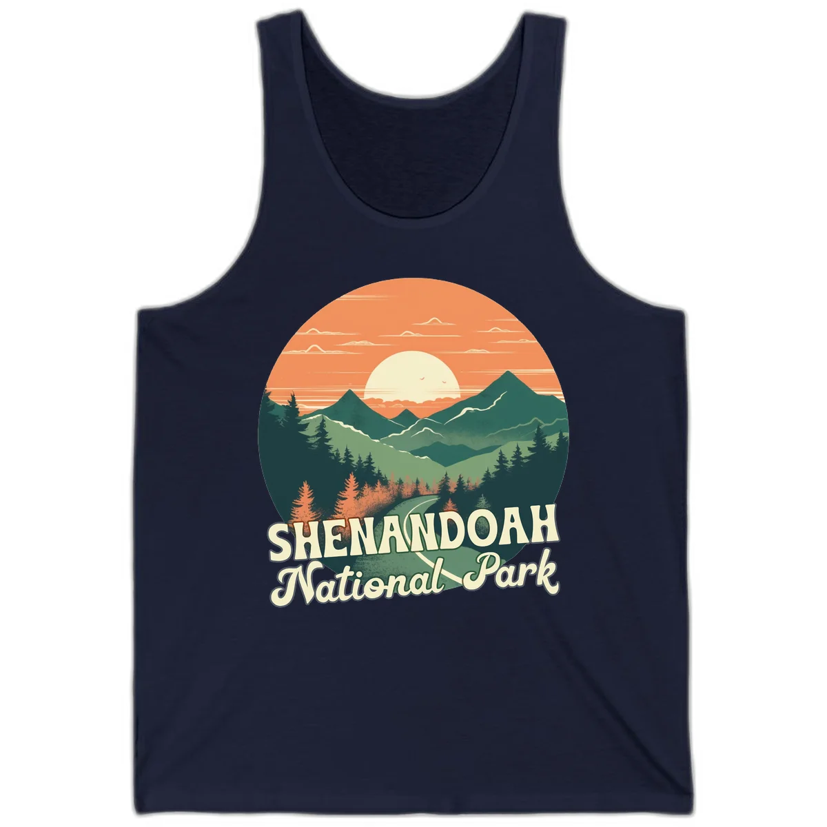 Vintage-style illustration of Shenandoah National Park with layered mountains, evergreen forests, and a large orange sunset sky with text reading Shenandoah National Park. in Navy