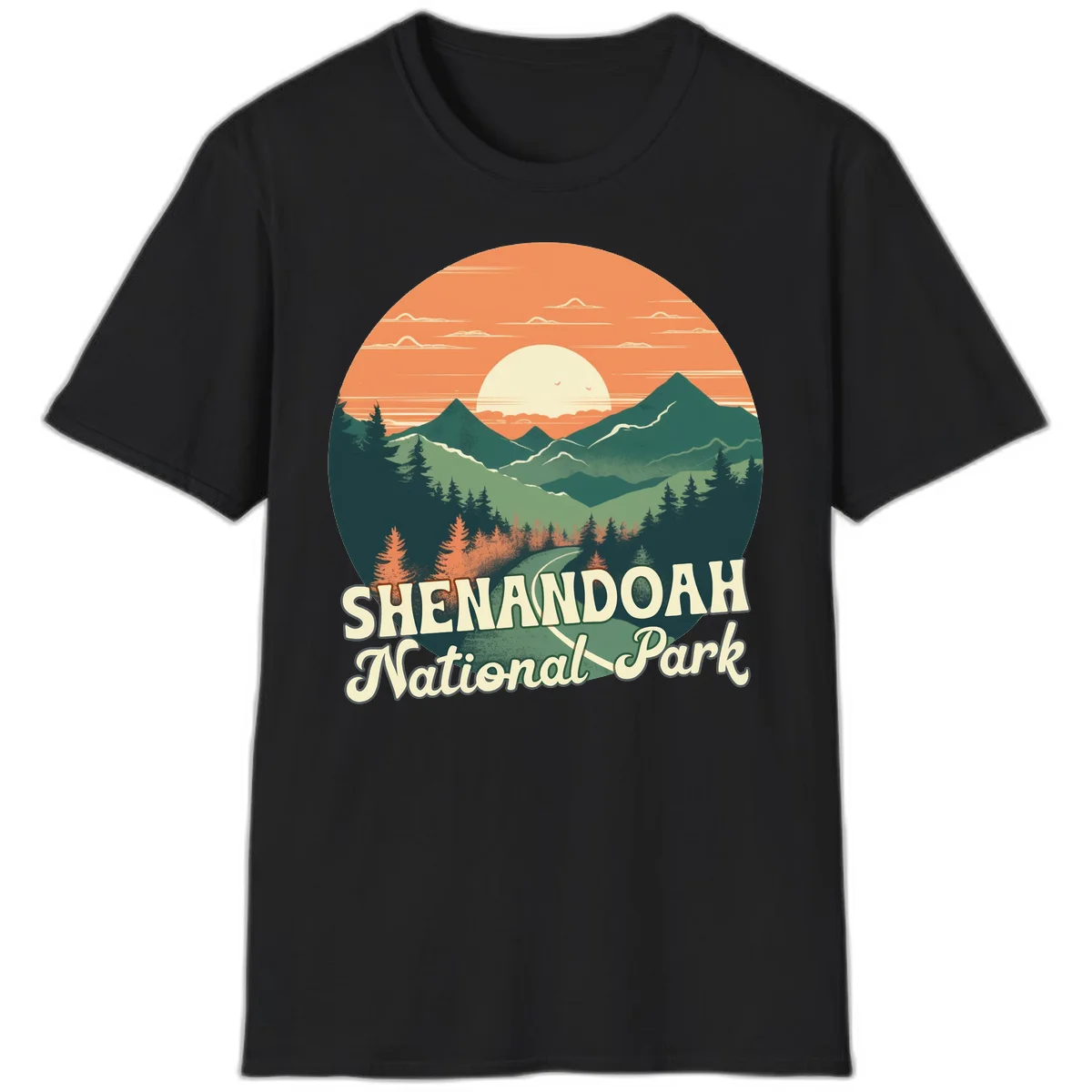 Vintage-style illustration of Shenandoah National Park with layered mountains, evergreen forests, and a large orange sunset sky with text reading Shenandoah National Park. in Black
