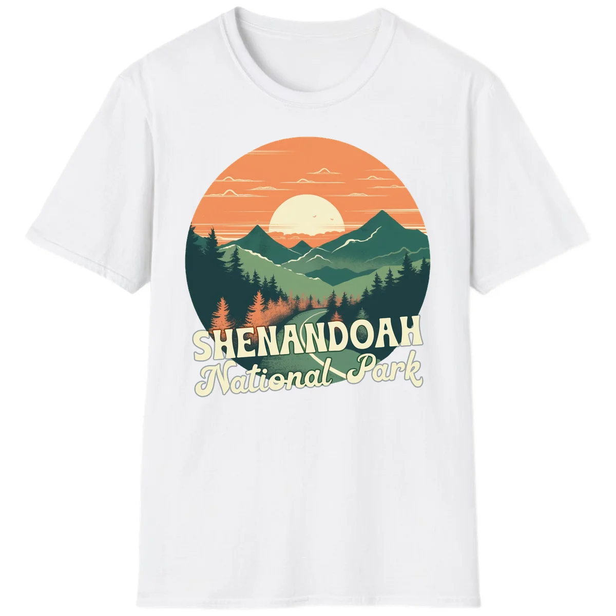 Vintage-style illustration of Shenandoah National Park with layered mountains, evergreen forests, and a large orange sunset sky with text reading Shenandoah National Park. in White