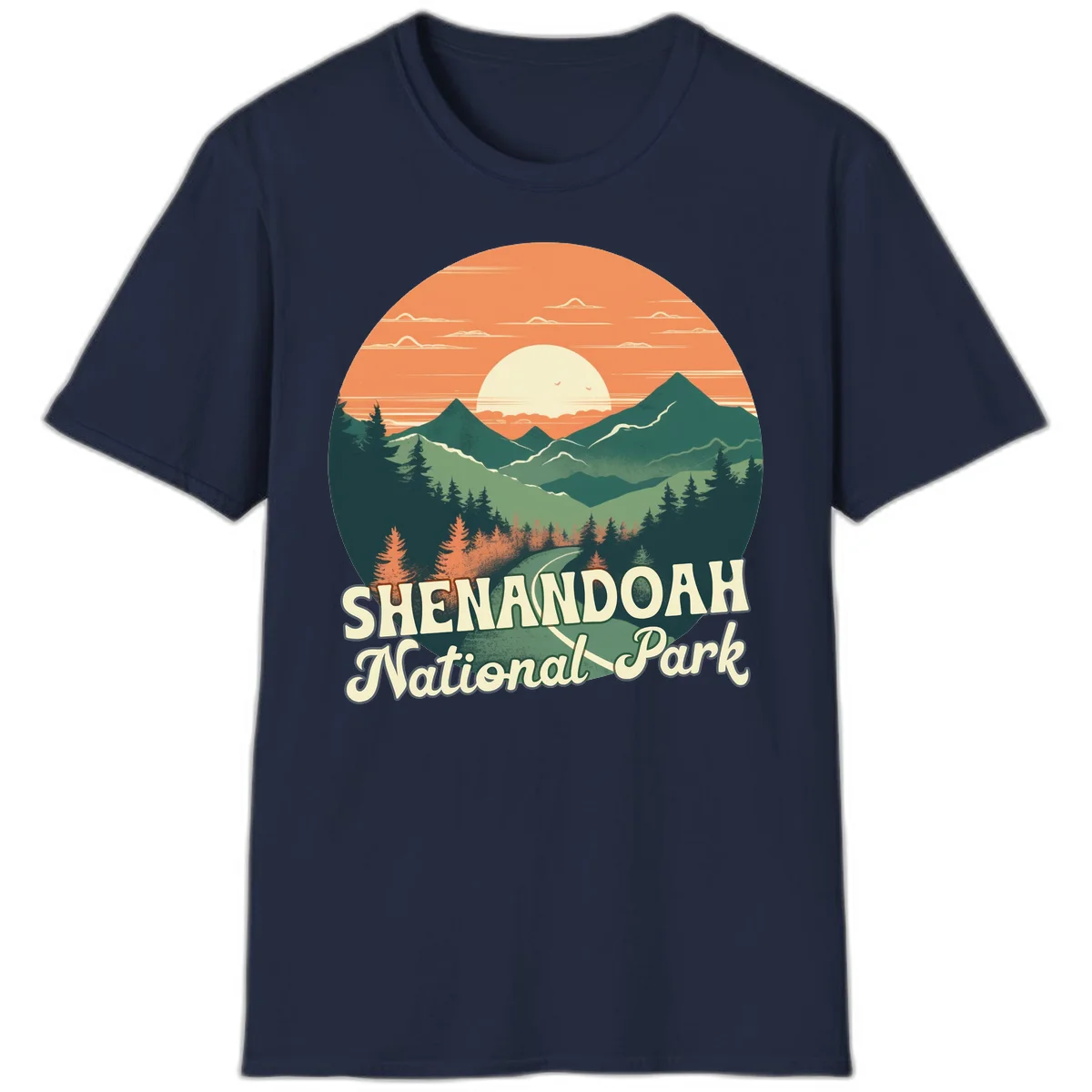 Vintage-style illustration of Shenandoah National Park with layered mountains, evergreen forests, and a large orange sunset sky with text reading Shenandoah National Park. in Navy