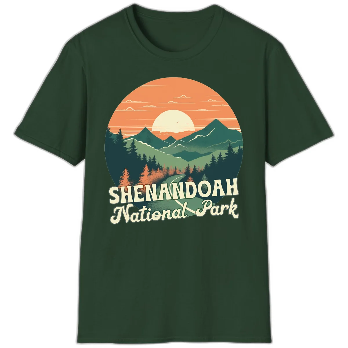 Vintage-style illustration of Shenandoah National Park with layered mountains, evergreen forests, and a large orange sunset sky with text reading Shenandoah National Park. in Forest Green