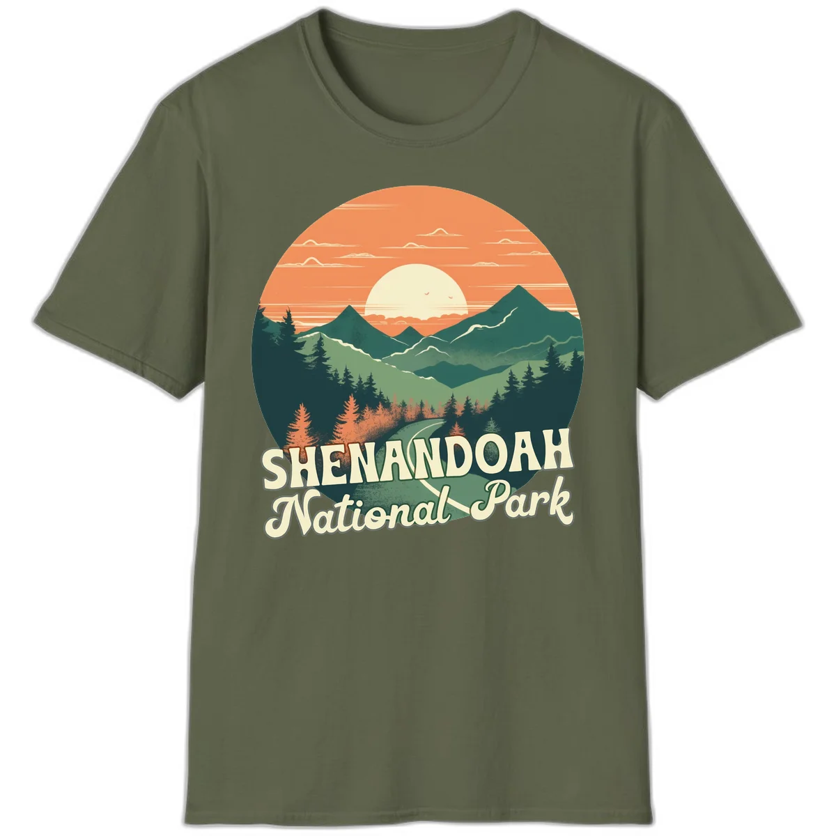 Vintage-style illustration of Shenandoah National Park with layered mountains, evergreen forests, and a large orange sunset sky with text reading Shenandoah National Park. in Military Green
