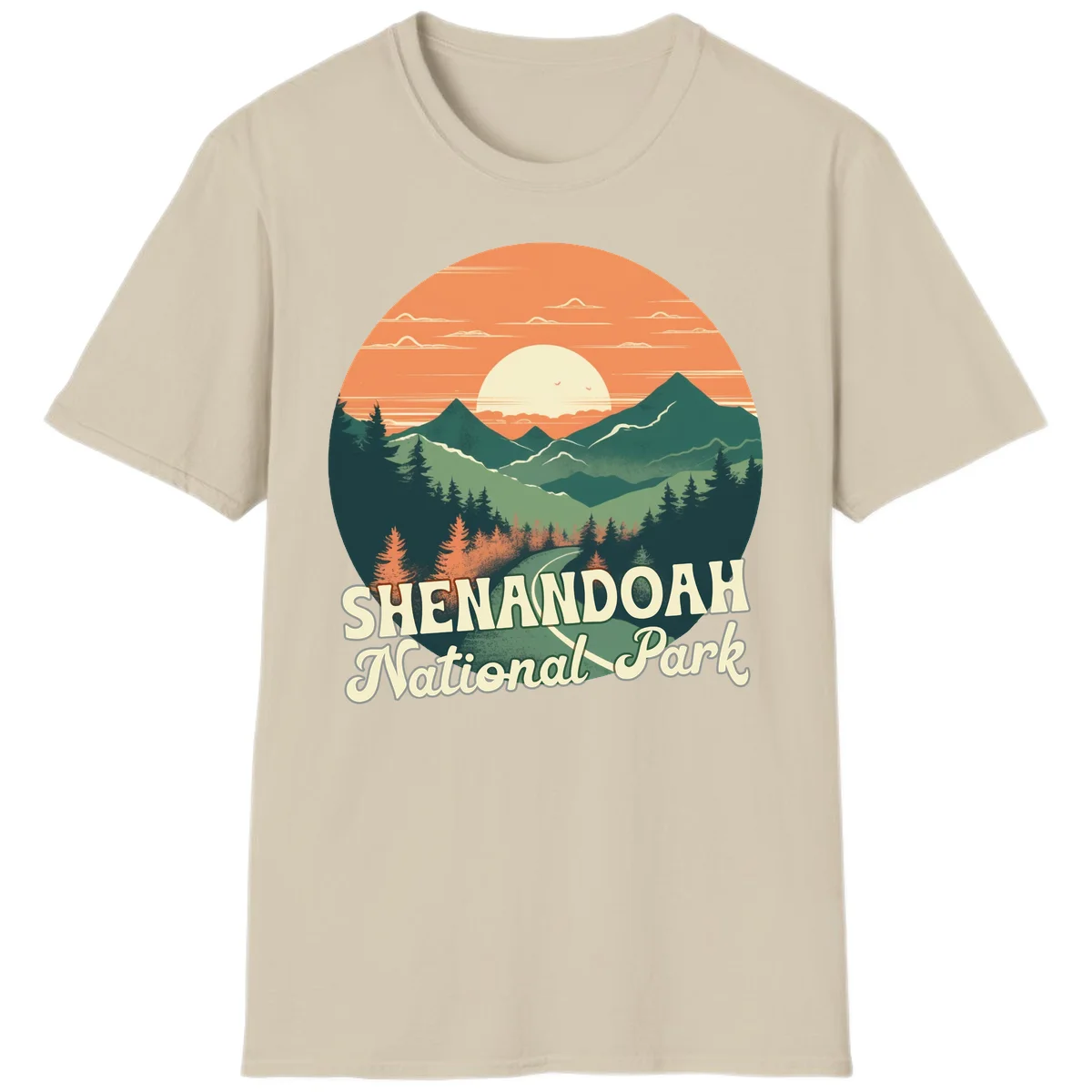 Vintage-style illustration of Shenandoah National Park with layered mountains, evergreen forests, and a large orange sunset sky with text reading Shenandoah National Park. in Sand