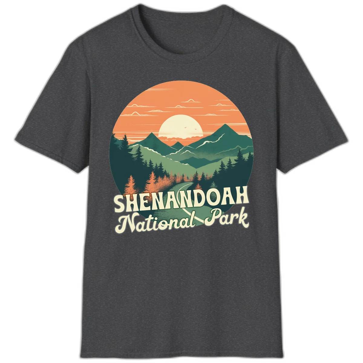 Vintage-style illustration of Shenandoah National Park with layered mountains, evergreen forests, and a large orange sunset sky with text reading Shenandoah National Park. in Dark Heather