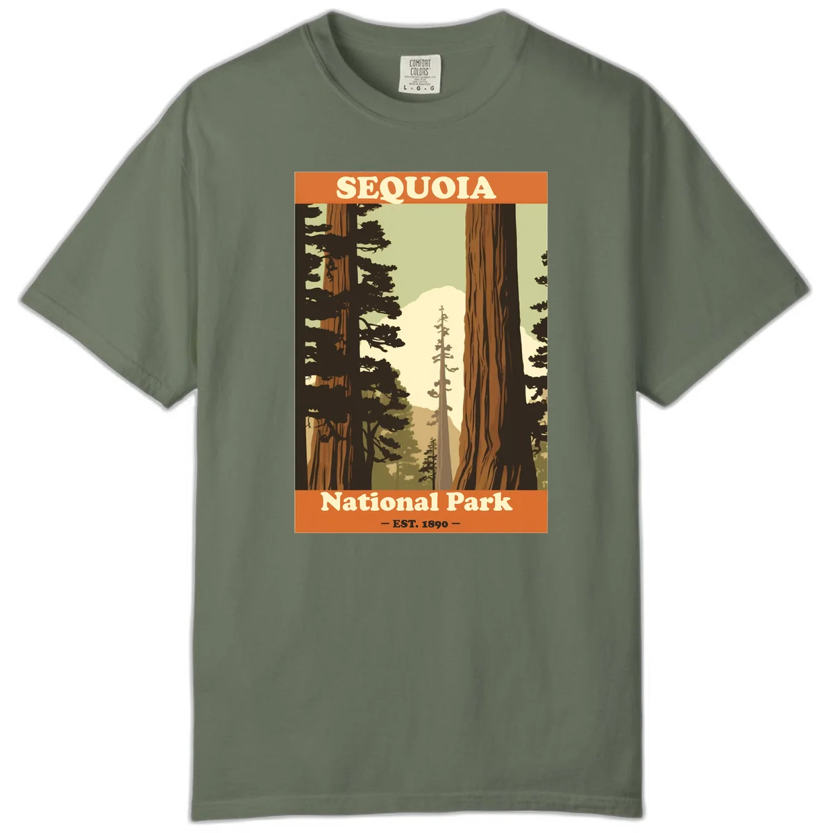 Vintage travel poster illustration of Sequoia National Park featuring towering redwood trees framing a mountain vista, established 1890. in Moss