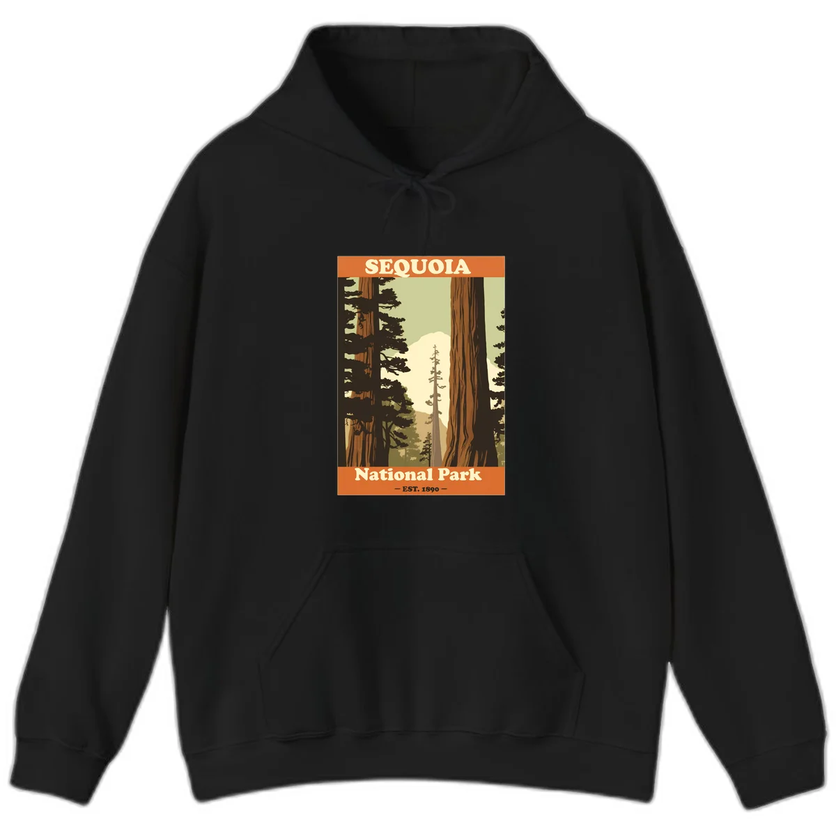 Vintage travel poster illustration of Sequoia National Park featuring towering redwood trees framing a mountain vista, established 1890. in Black