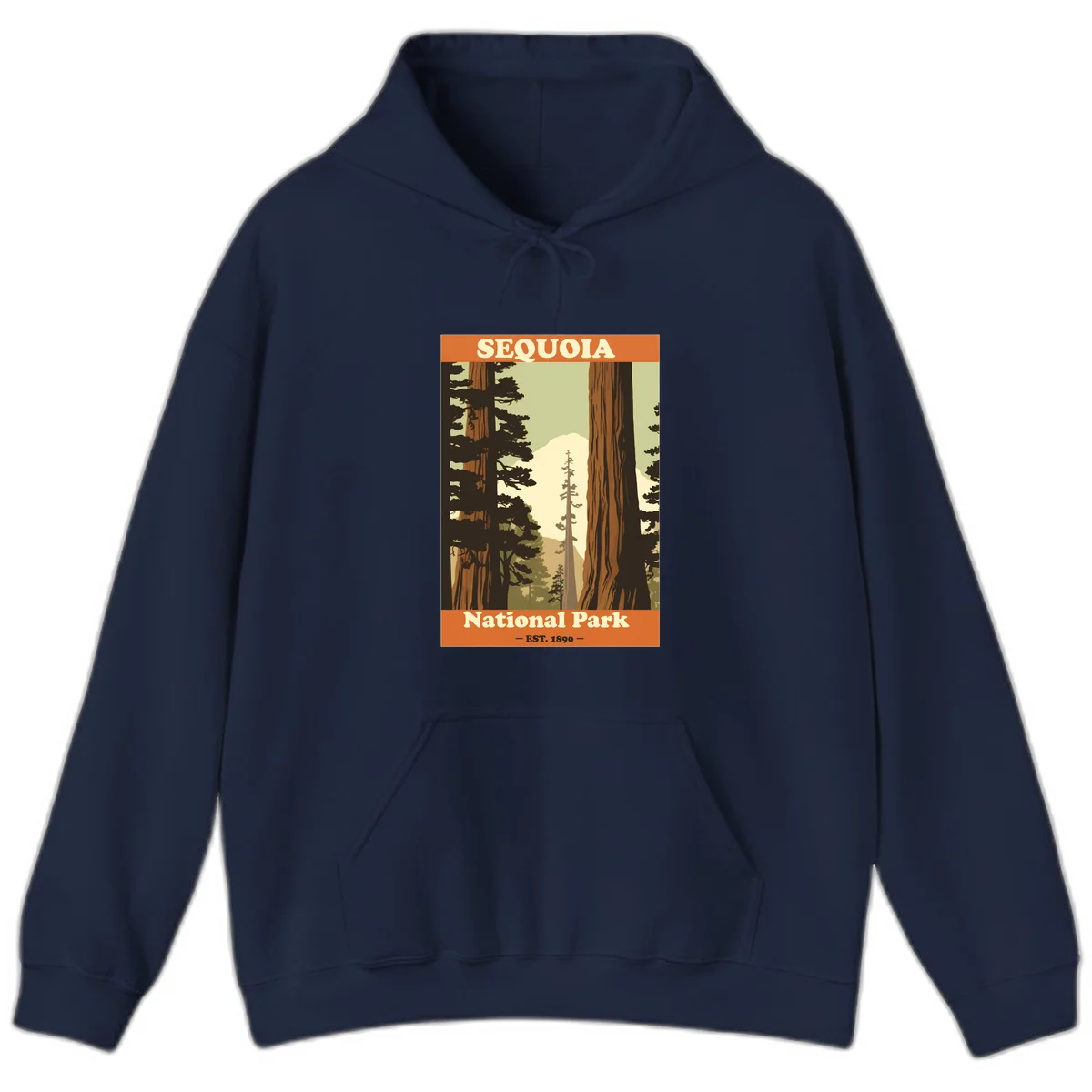 Vintage travel poster illustration of Sequoia National Park featuring towering redwood trees framing a mountain vista, established 1890. in Navy