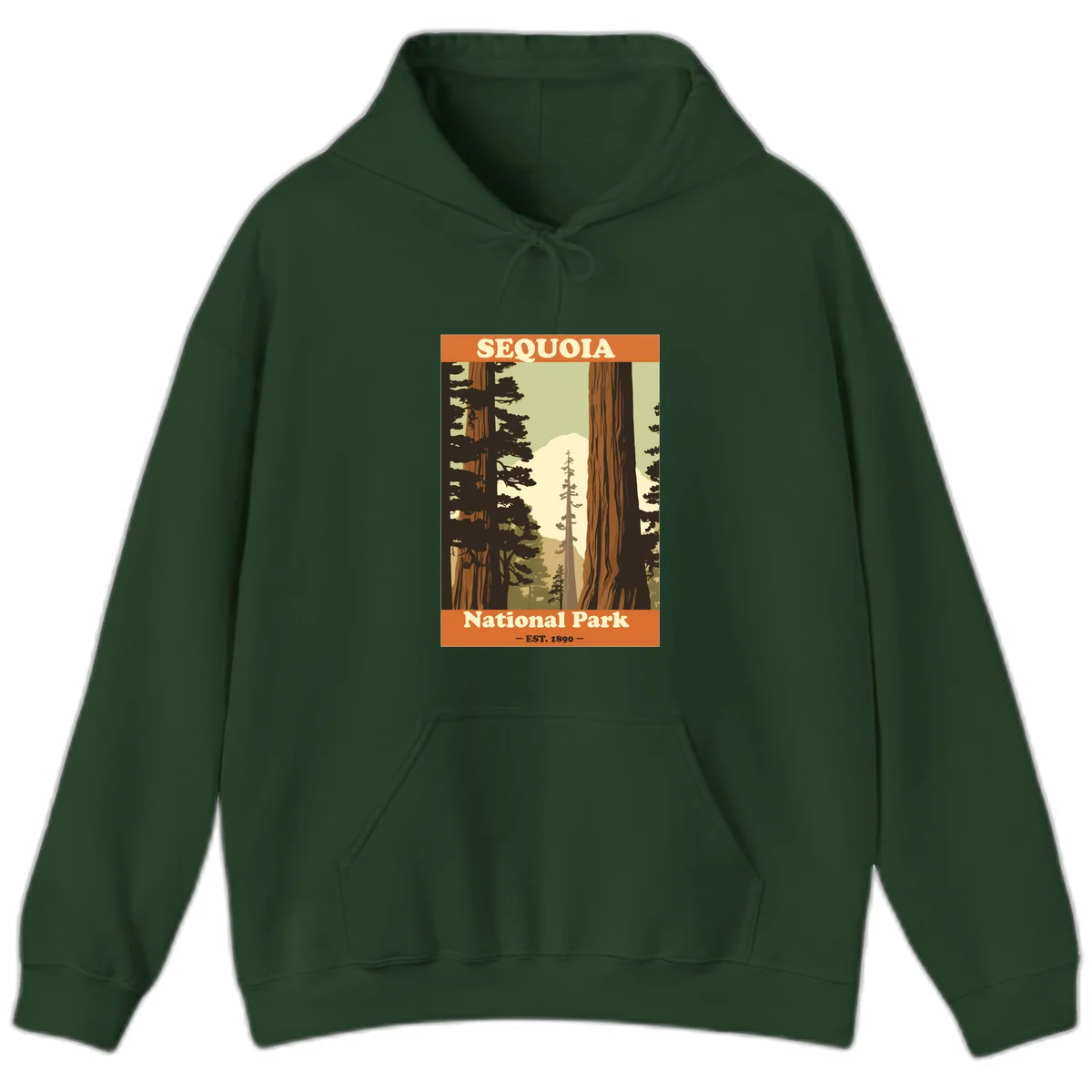 Vintage travel poster illustration of Sequoia National Park featuring towering redwood trees framing a mountain vista, established 1890. in Forest Green