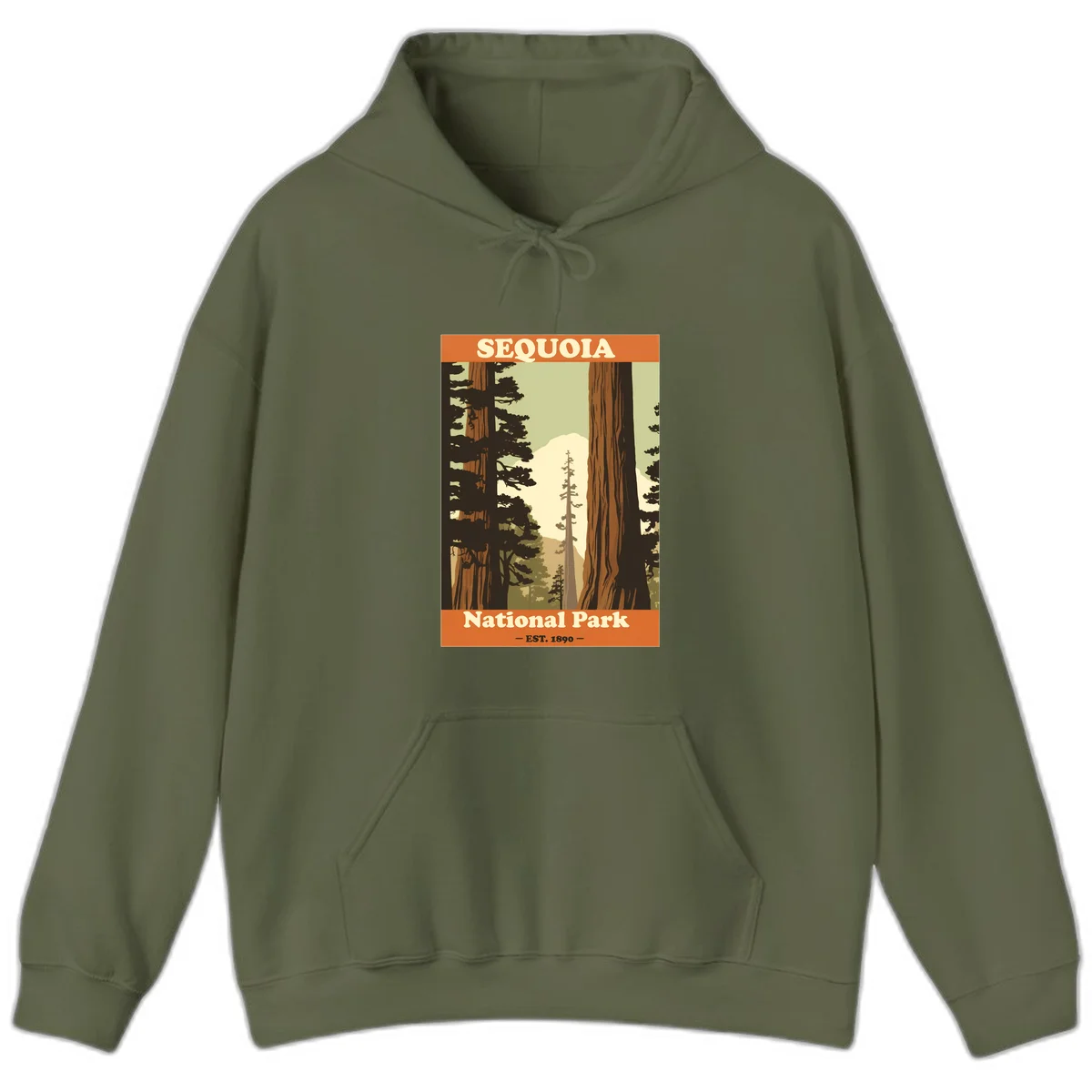 Vintage travel poster illustration of Sequoia National Park featuring towering redwood trees framing a mountain vista, established 1890. in Military Green
