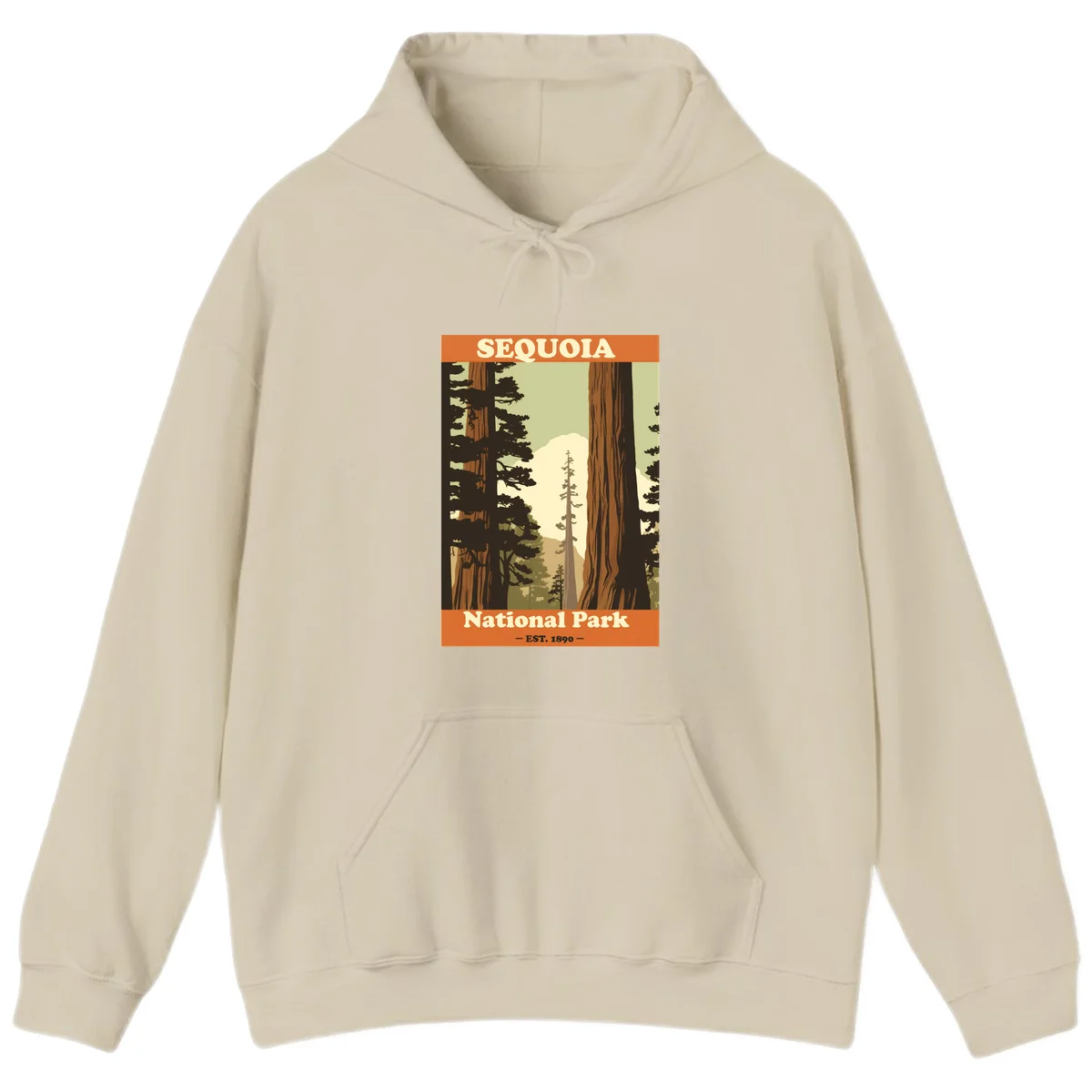 Vintage travel poster illustration of Sequoia National Park featuring towering redwood trees framing a mountain vista, established 1890. in Sand