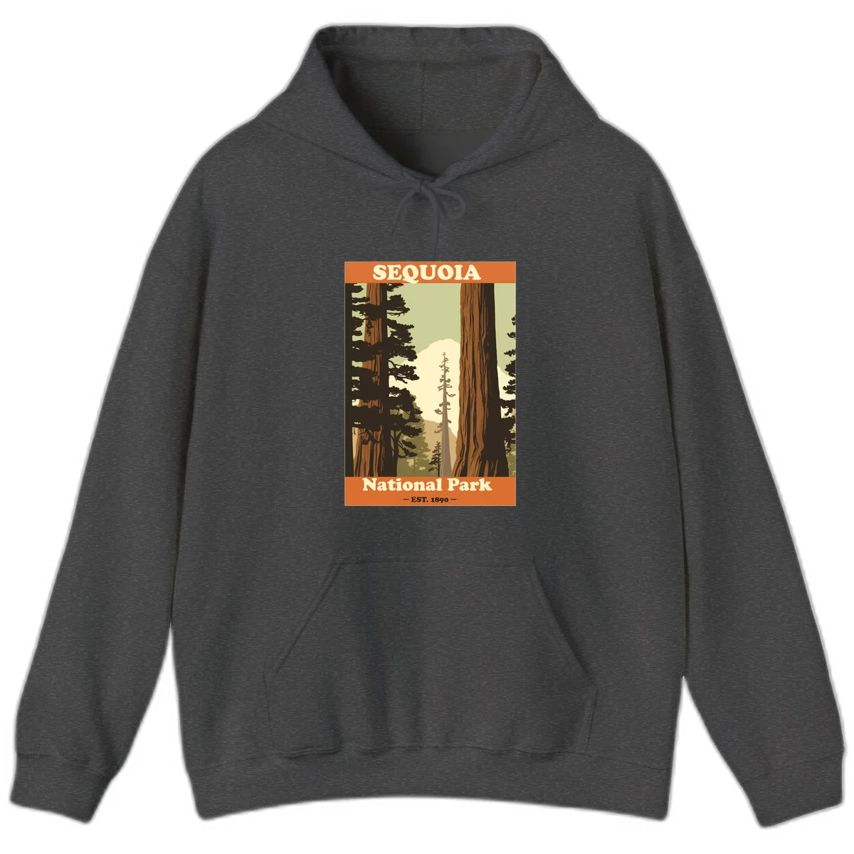 Vintage travel poster illustration of Sequoia National Park featuring towering redwood trees framing a mountain vista, established 1890. in Dark Heather