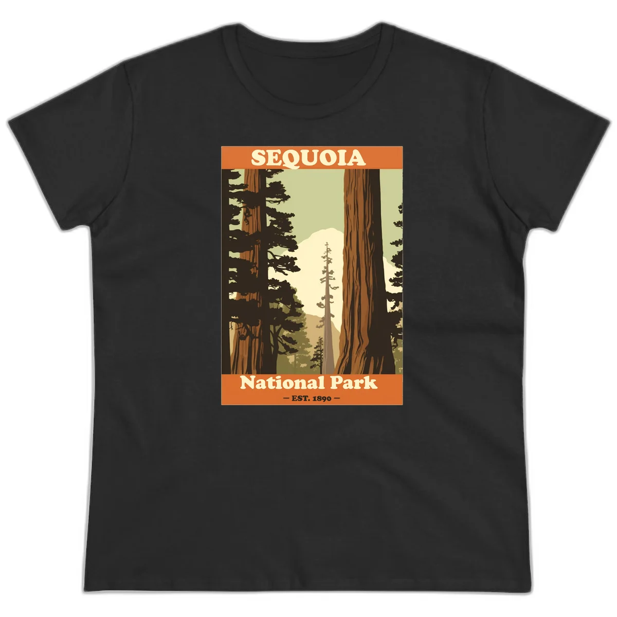 Vintage travel poster illustration of Sequoia National Park featuring towering redwood trees framing a mountain vista, established 1890. in Black