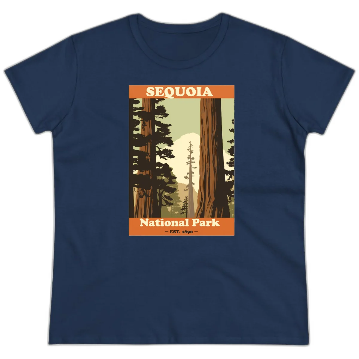Vintage travel poster illustration of Sequoia National Park featuring towering redwood trees framing a mountain vista, established 1890. in Navy