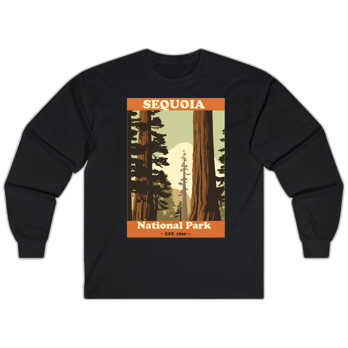 Vintage travel poster illustration of Sequoia National Park featuring towering redwood trees framing a mountain vista, established 1890. in Black