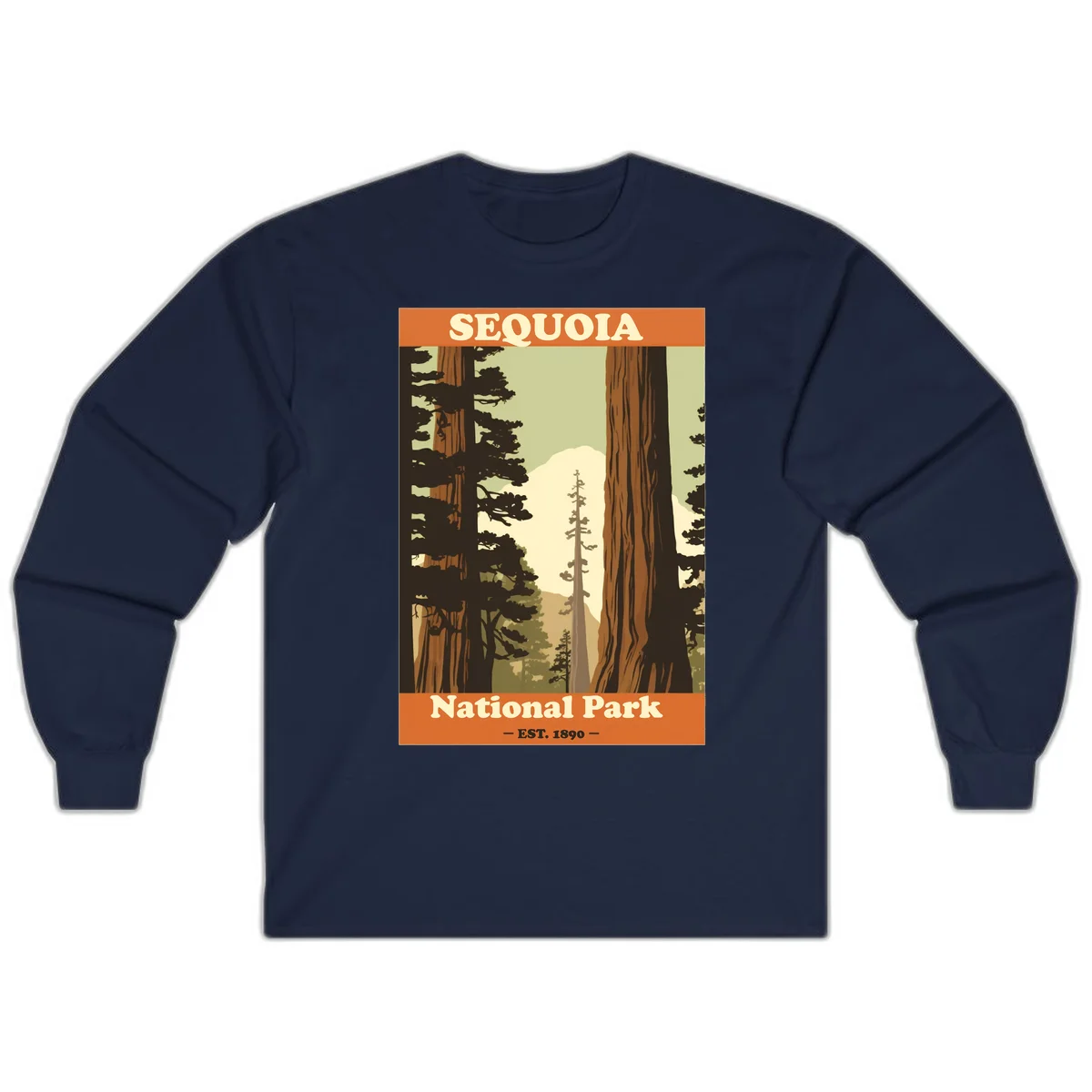 Vintage travel poster illustration of Sequoia National Park featuring towering redwood trees framing a mountain vista, established 1890. in Navy