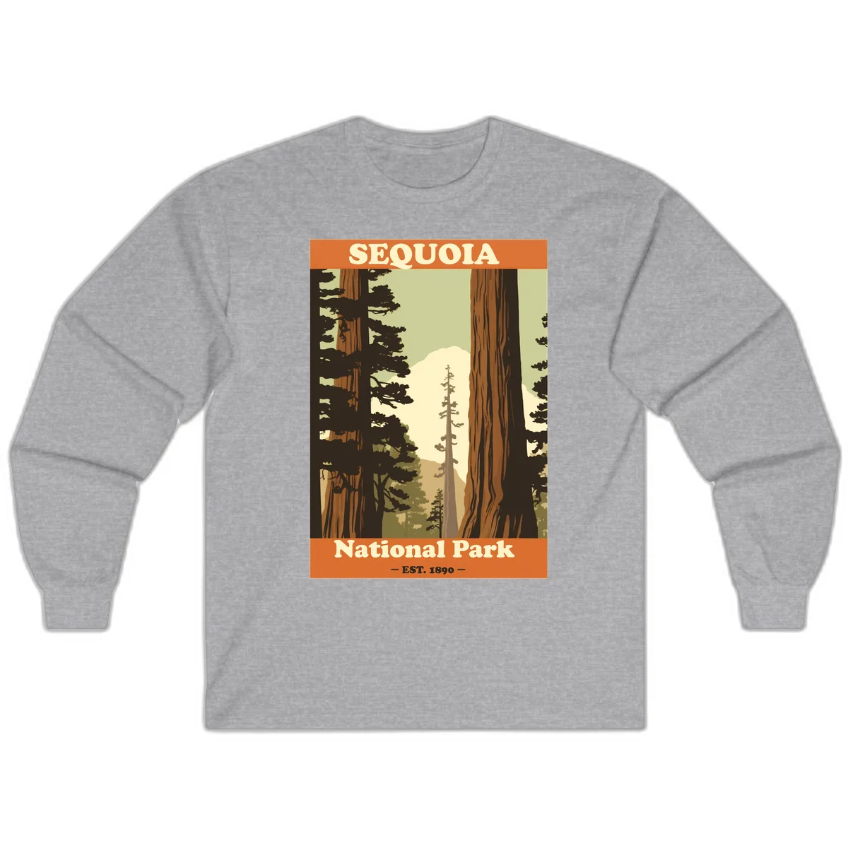 Vintage travel poster illustration of Sequoia National Park featuring towering redwood trees framing a mountain vista, established 1890. in Sport Grey