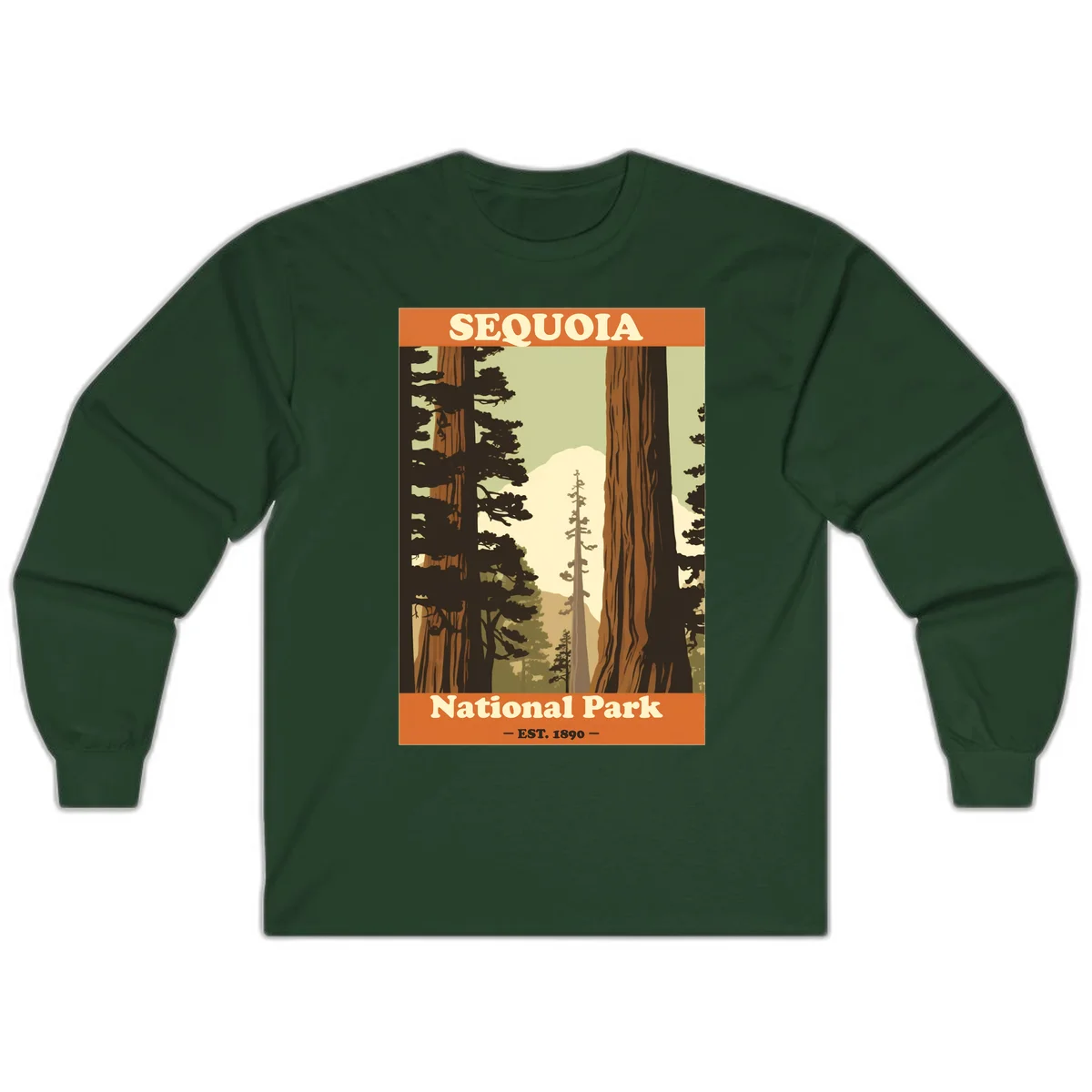 Vintage travel poster illustration of Sequoia National Park featuring towering redwood trees framing a mountain vista, established 1890. in Forest Green