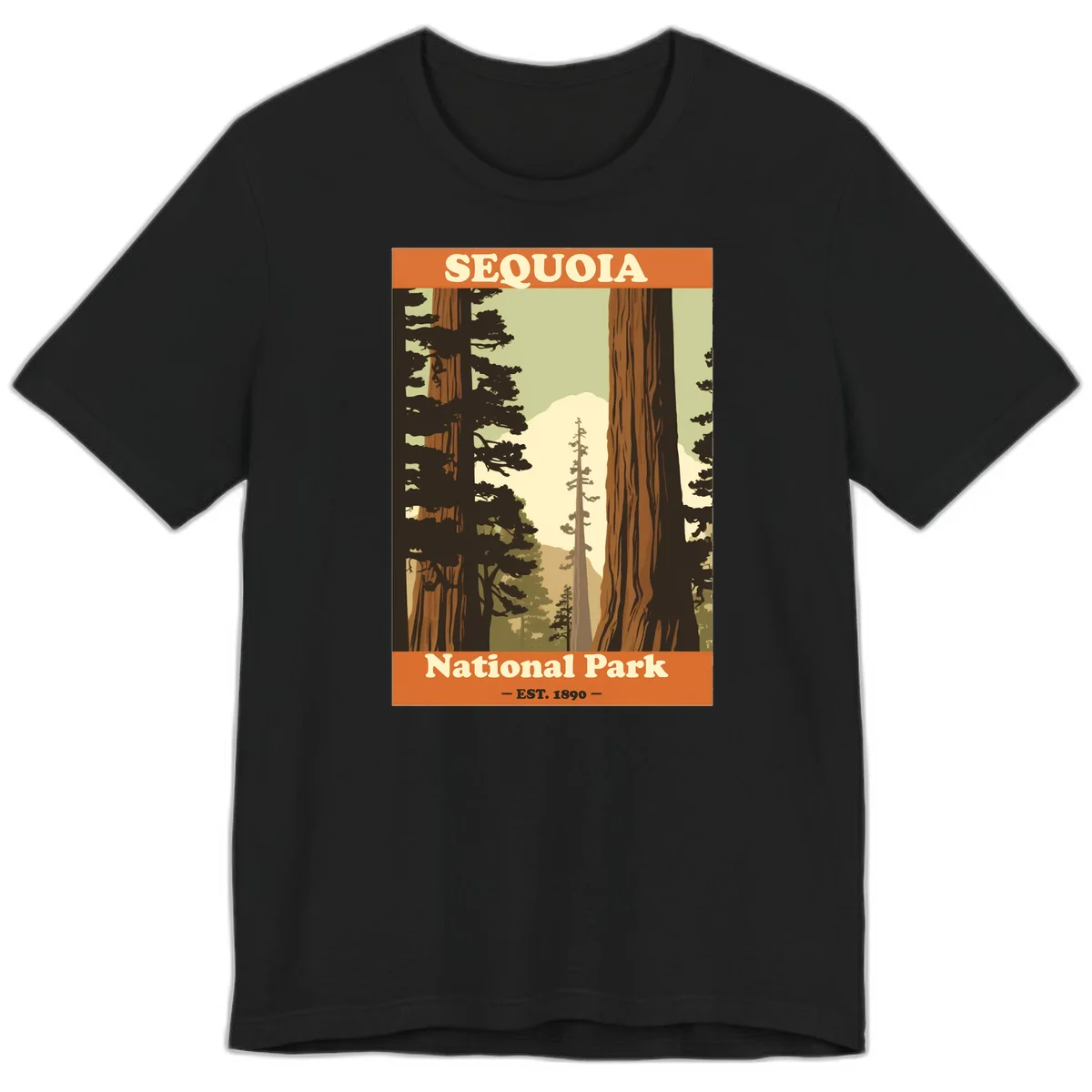 Vintage travel poster illustration of Sequoia National Park featuring towering redwood trees framing a mountain vista, established 1890. in Black