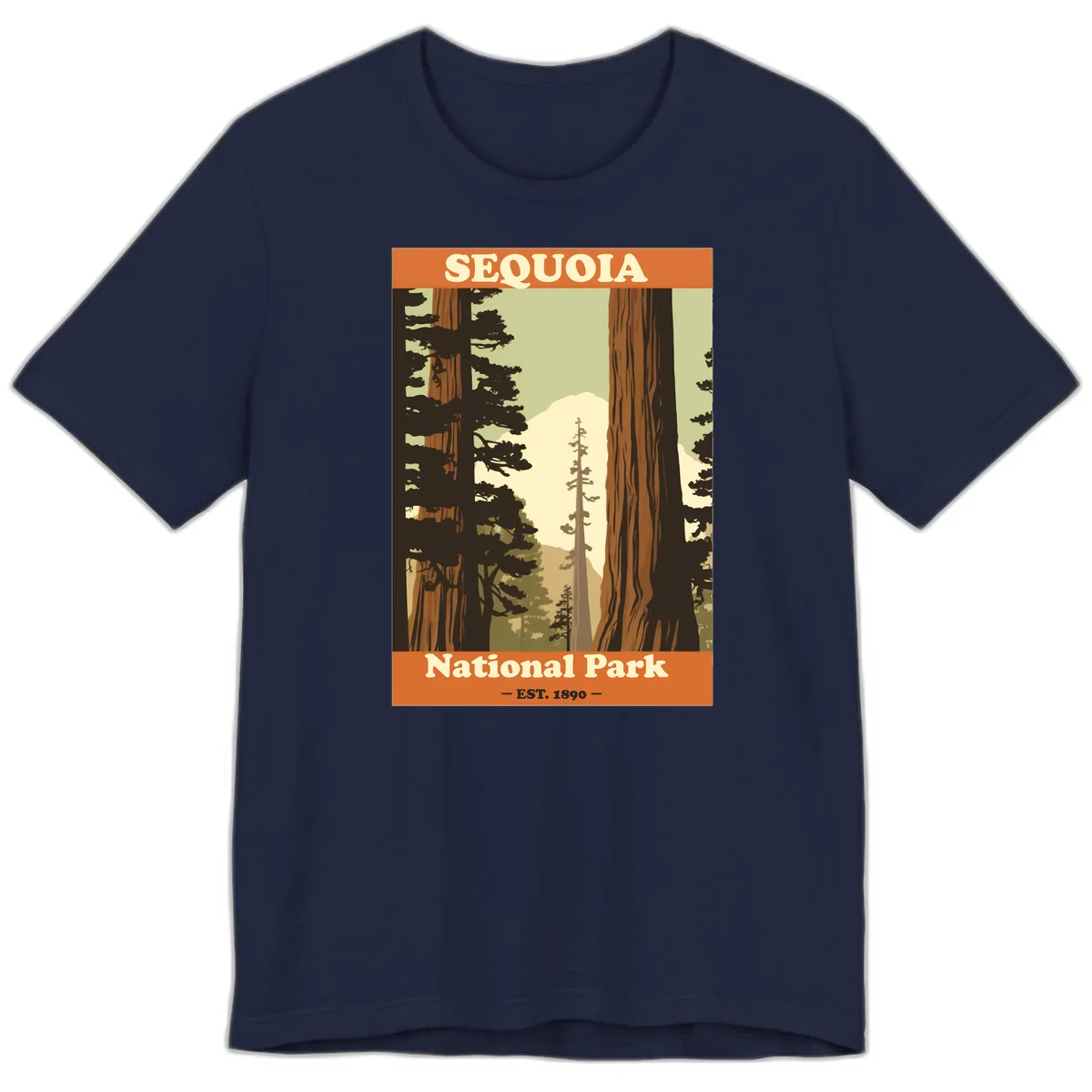 Vintage travel poster illustration of Sequoia National Park featuring towering redwood trees framing a mountain vista, established 1890. in Navy