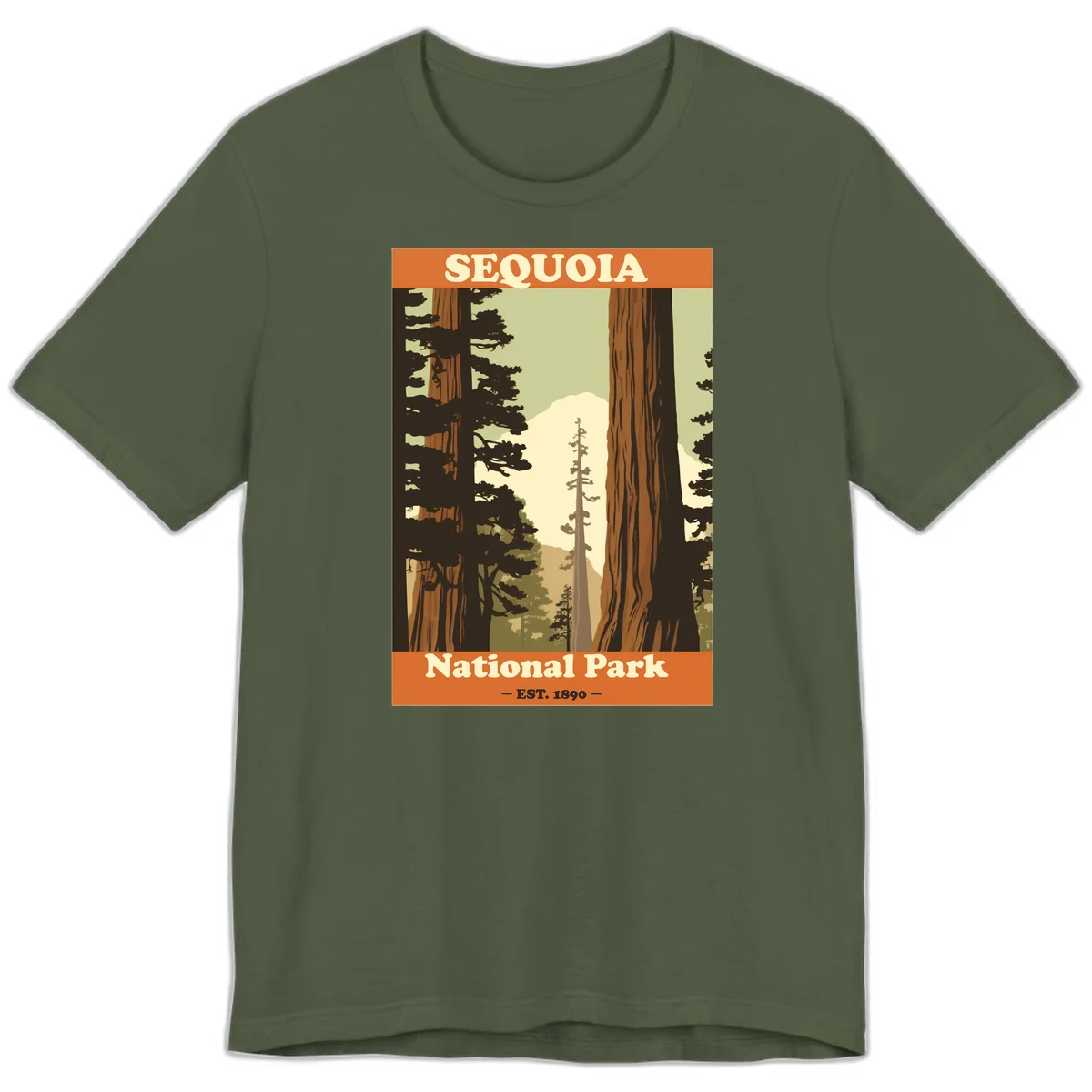 Vintage travel poster illustration of Sequoia National Park featuring towering redwood trees framing a mountain vista, established 1890. in Military Green