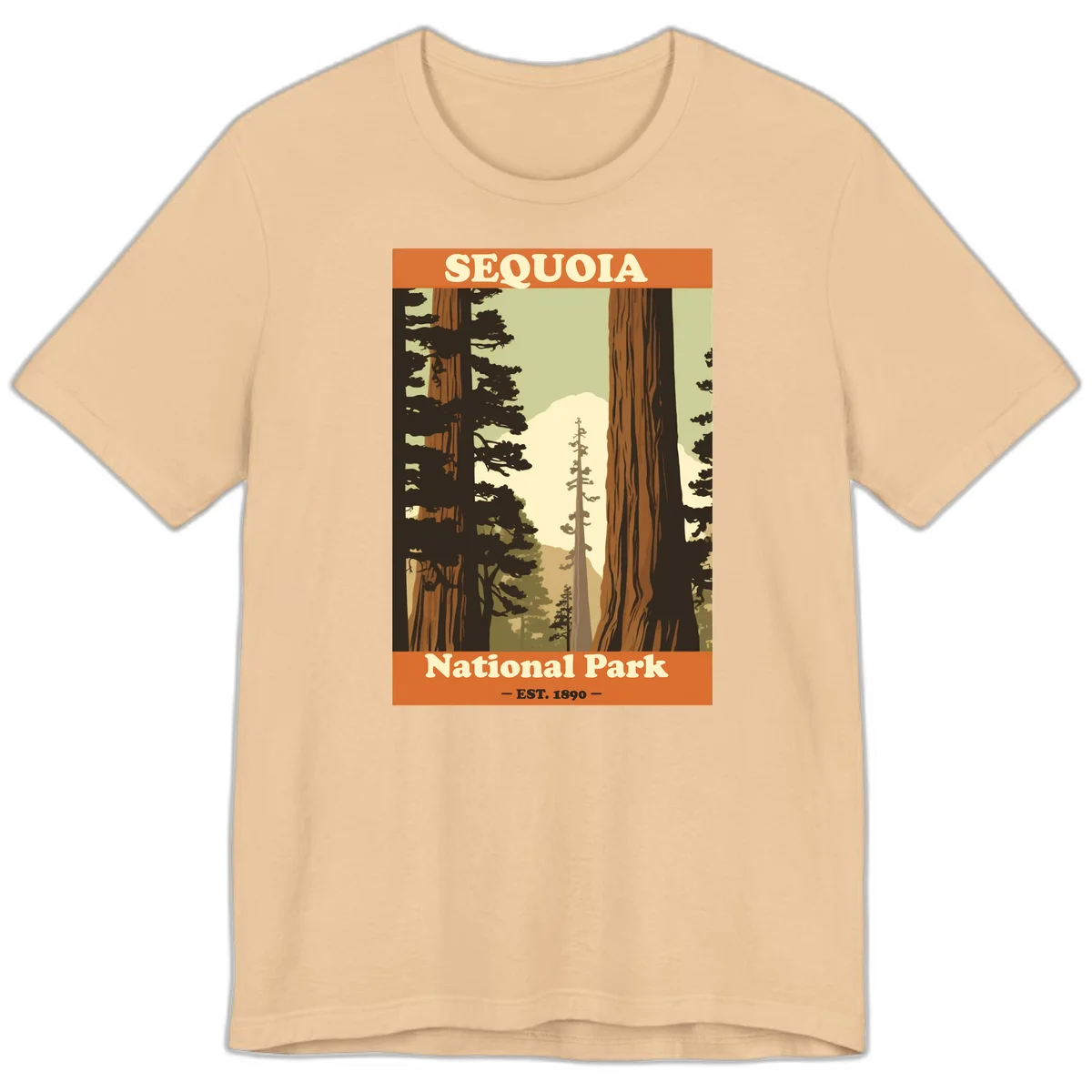 Vintage travel poster illustration of Sequoia National Park featuring towering redwood trees framing a mountain vista, established 1890. in Sand Dune