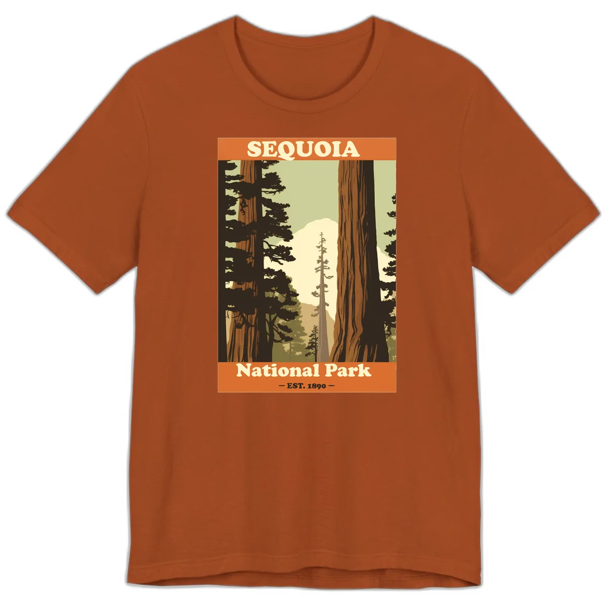 Vintage travel poster illustration of Sequoia National Park featuring towering redwood trees framing a mountain vista, established 1890. in Autumn