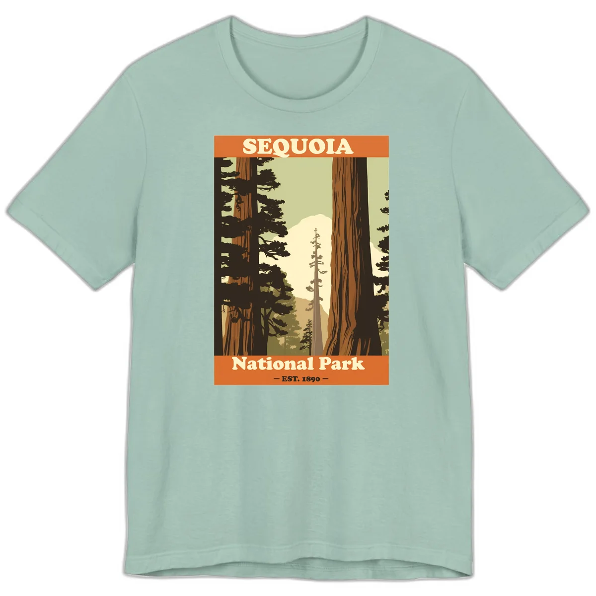Vintage travel poster illustration of Sequoia National Park featuring towering redwood trees framing a mountain vista, established 1890. in Dusty Blue