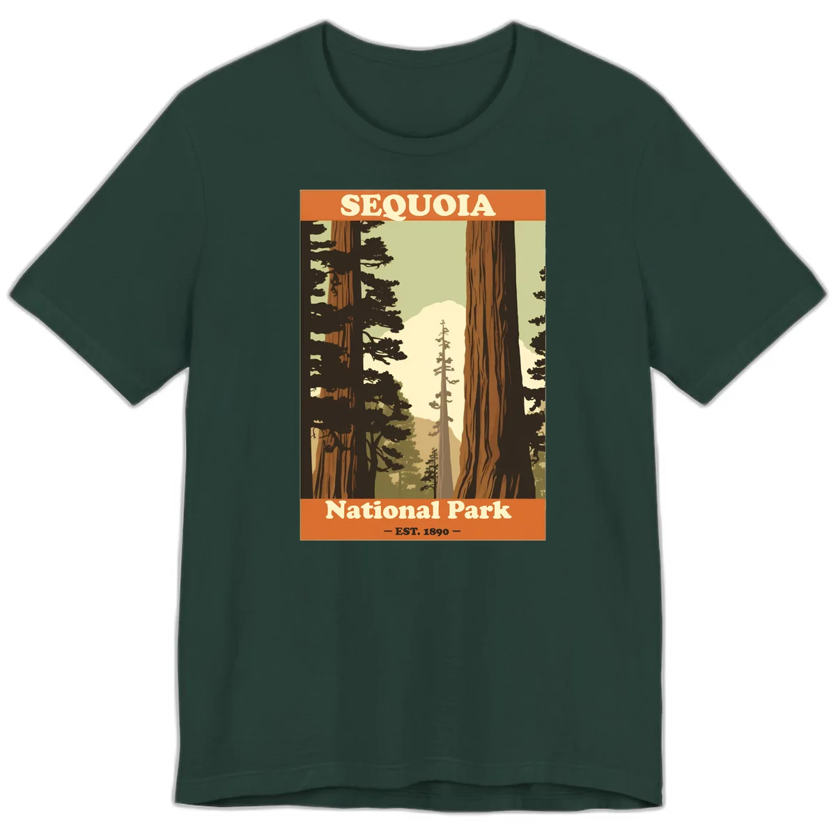 Vintage travel poster illustration of Sequoia National Park featuring towering redwood trees framing a mountain vista, established 1890. in Forest
