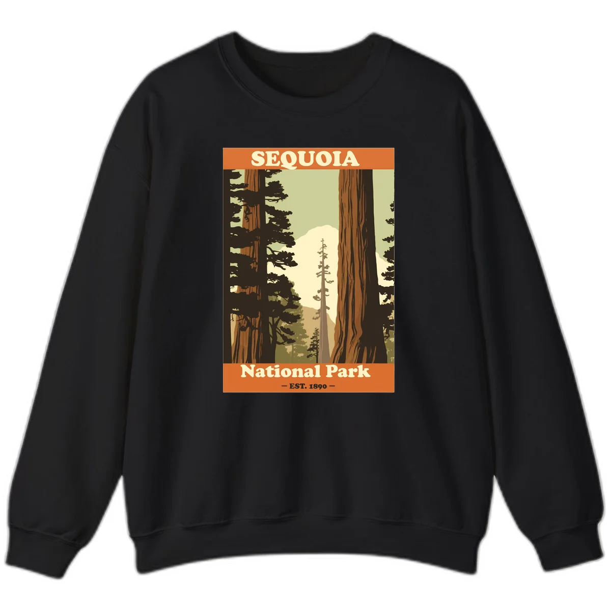 Vintage travel poster illustration of Sequoia National Park featuring towering redwood trees framing a mountain vista, established 1890. in Black