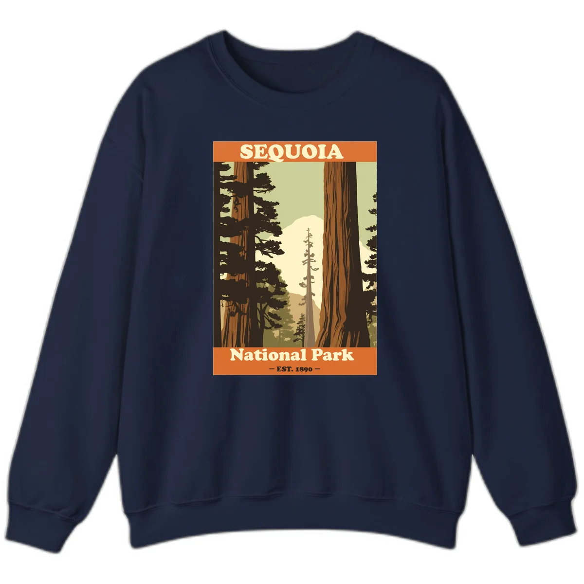 Vintage travel poster illustration of Sequoia National Park featuring towering redwood trees framing a mountain vista, established 1890. in Navy