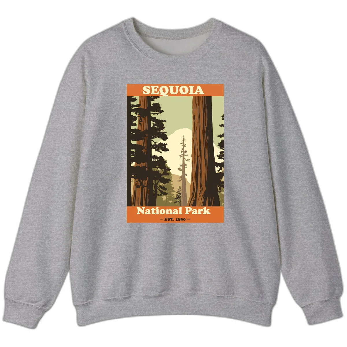 Vintage travel poster illustration of Sequoia National Park featuring towering redwood trees framing a mountain vista, established 1890. in Sport Grey