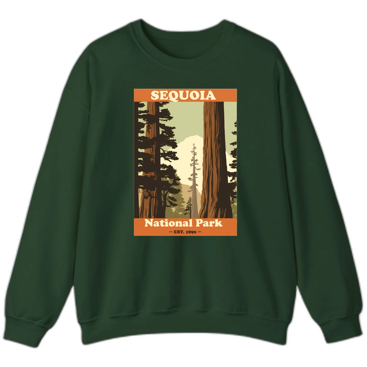 Vintage travel poster illustration of Sequoia National Park featuring towering redwood trees framing a mountain vista, established 1890. in Forest Green