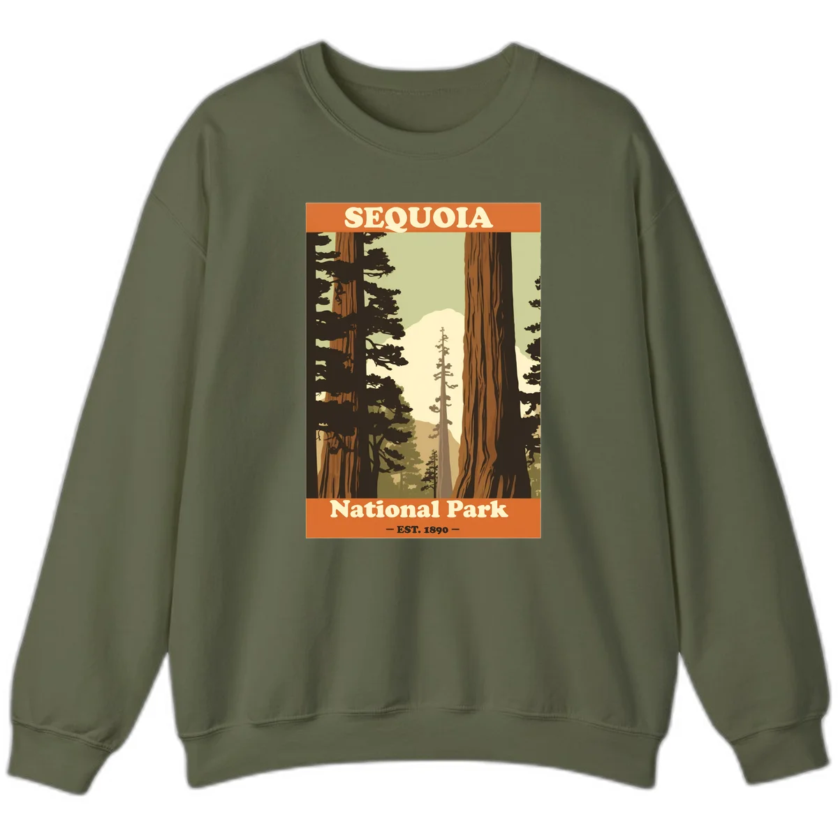 Vintage travel poster illustration of Sequoia National Park featuring towering redwood trees framing a mountain vista, established 1890. in Military Green
