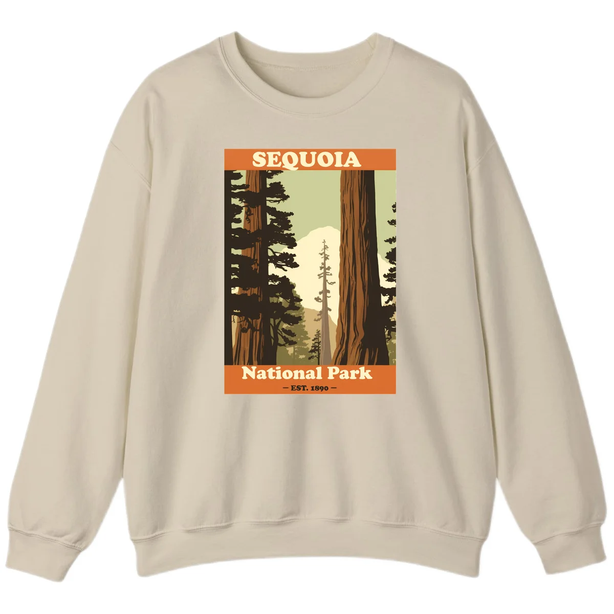 Vintage travel poster illustration of Sequoia National Park featuring towering redwood trees framing a mountain vista, established 1890. in Sand