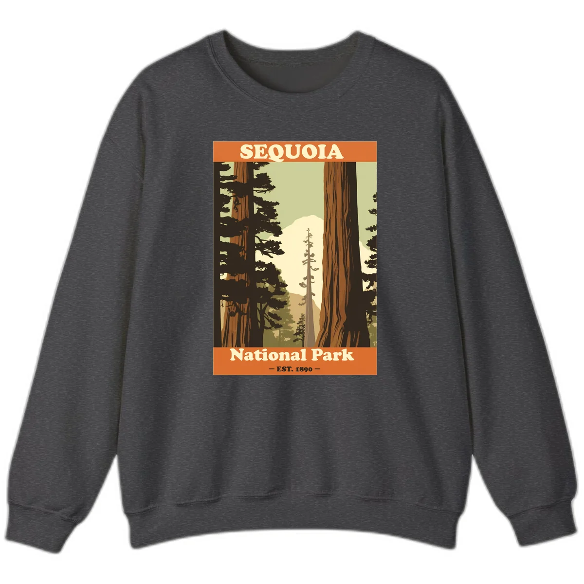 Vintage travel poster illustration of Sequoia National Park featuring towering redwood trees framing a mountain vista, established 1890. in Dark Heather
