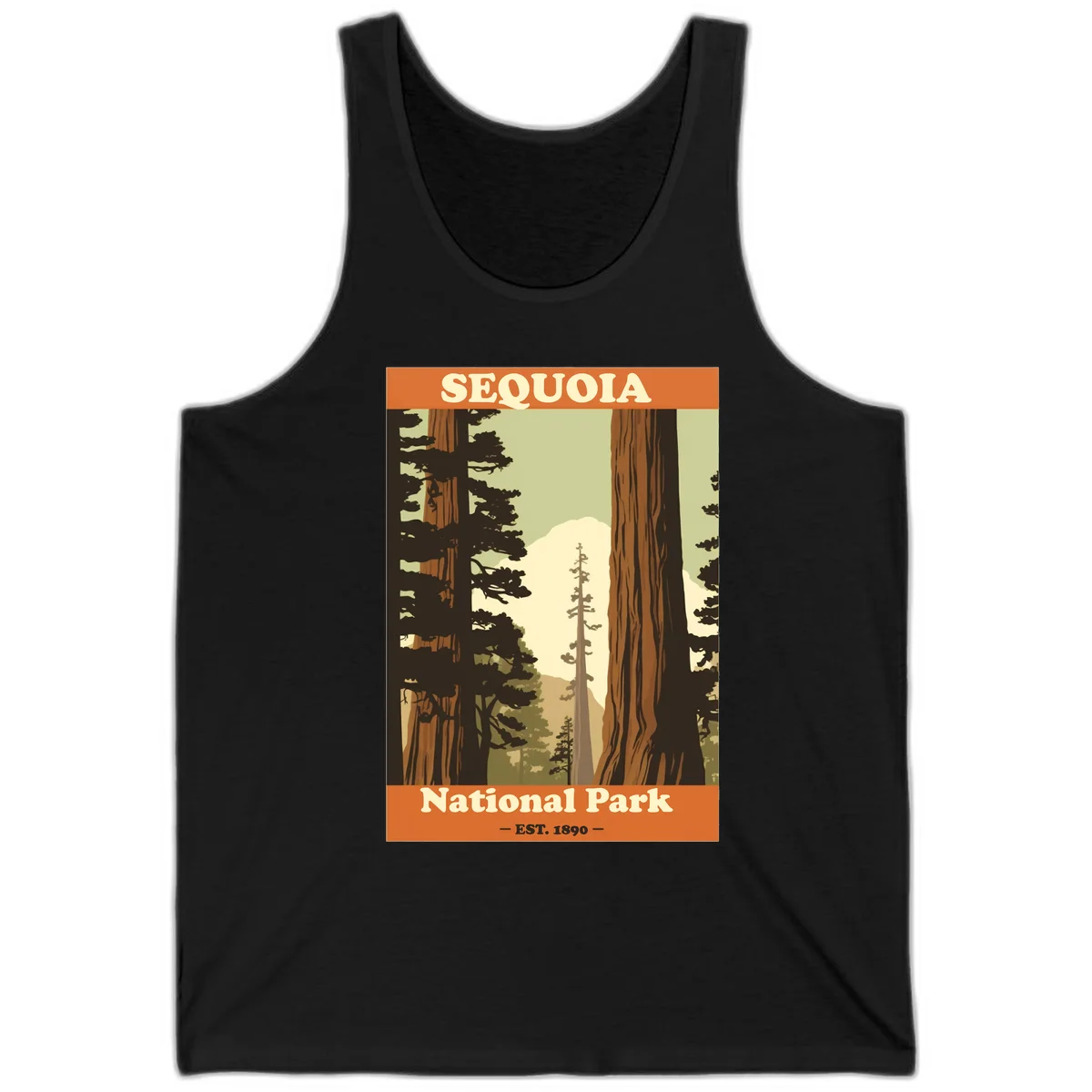 Vintage travel poster illustration of Sequoia National Park featuring towering redwood trees framing a mountain vista, established 1890. in Black