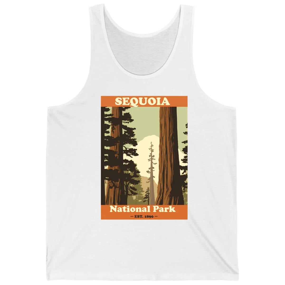 Vintage travel poster illustration of Sequoia National Park featuring towering redwood trees framing a mountain vista, established 1890. in White