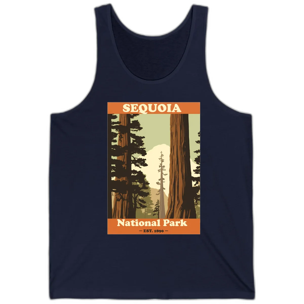 Vintage travel poster illustration of Sequoia National Park featuring towering redwood trees framing a mountain vista, established 1890. in Navy