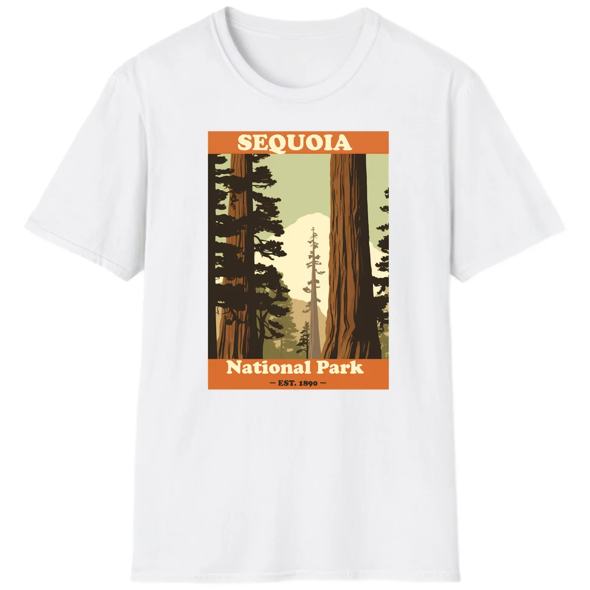 Vintage travel poster illustration of Sequoia National Park featuring towering redwood trees framing a mountain vista, established 1890. in White