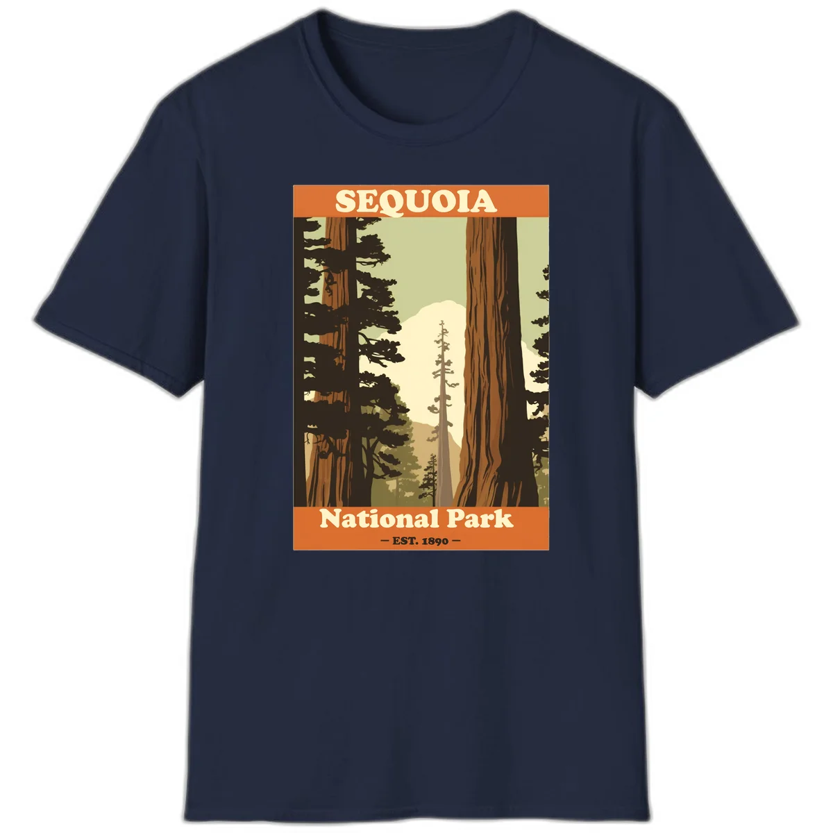 Vintage travel poster illustration of Sequoia National Park featuring towering redwood trees framing a mountain vista, established 1890. in Navy