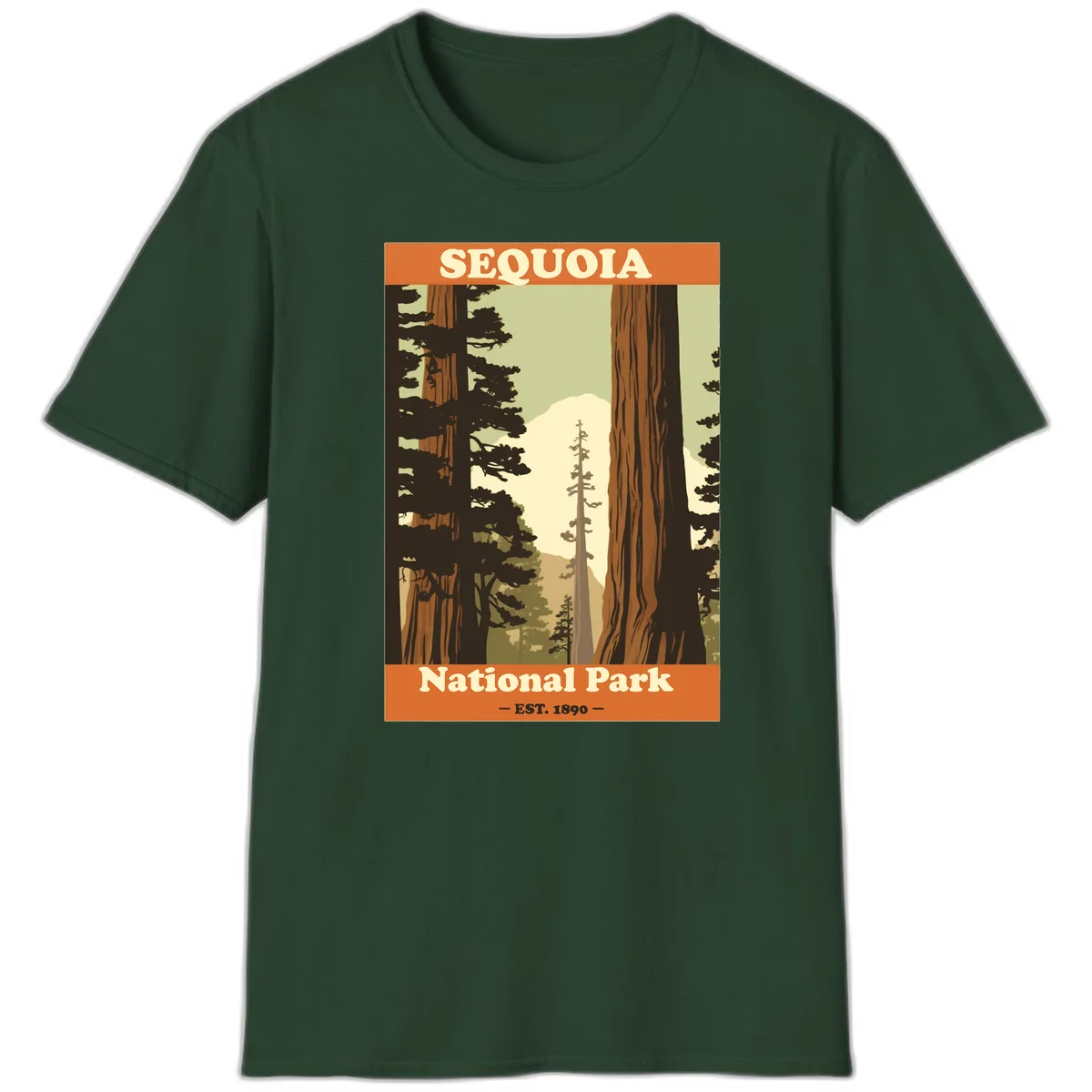 Vintage travel poster illustration of Sequoia National Park featuring towering redwood trees framing a mountain vista, established 1890. in Forest Green
