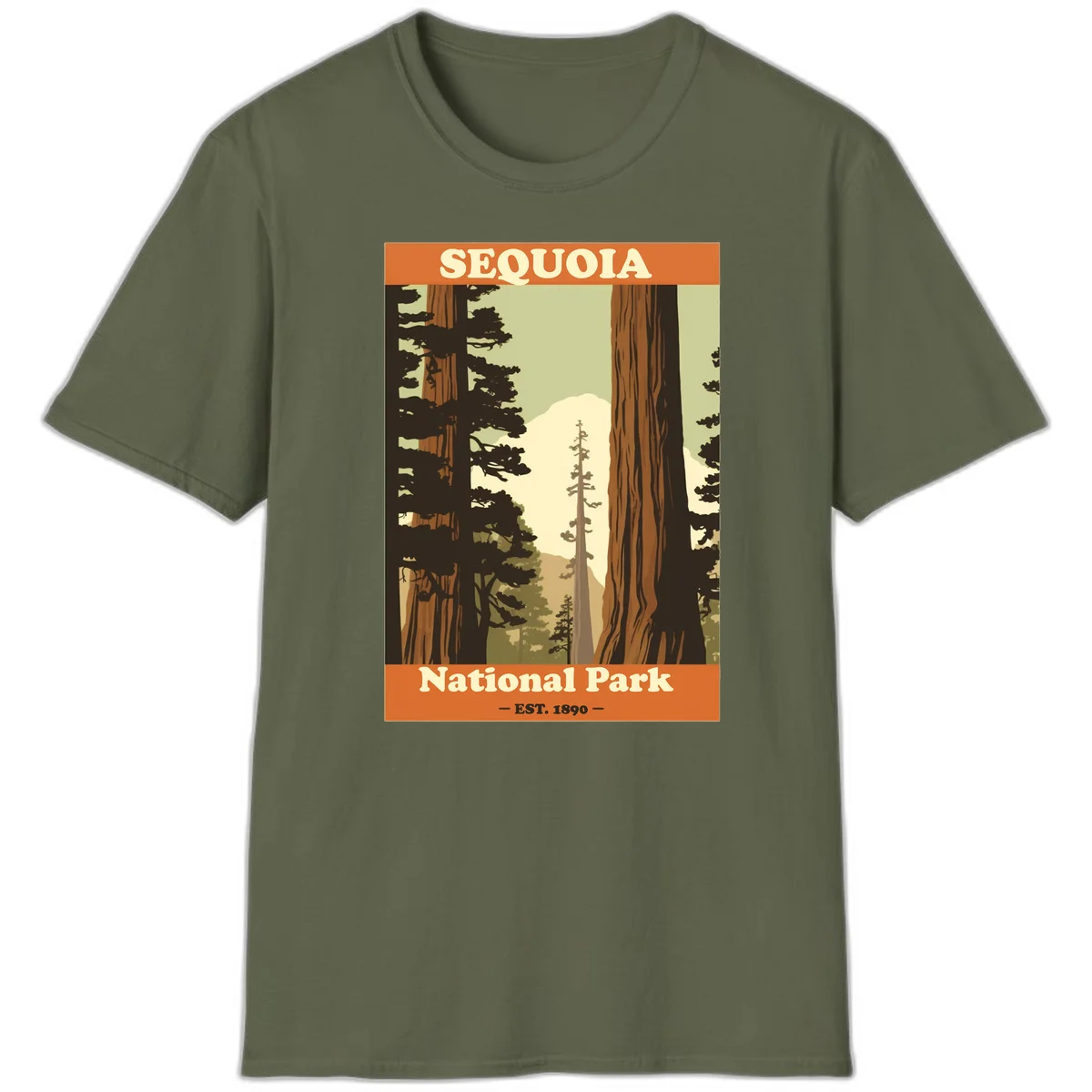 Vintage travel poster illustration of Sequoia National Park featuring towering redwood trees framing a mountain vista, established 1890. in Military Green