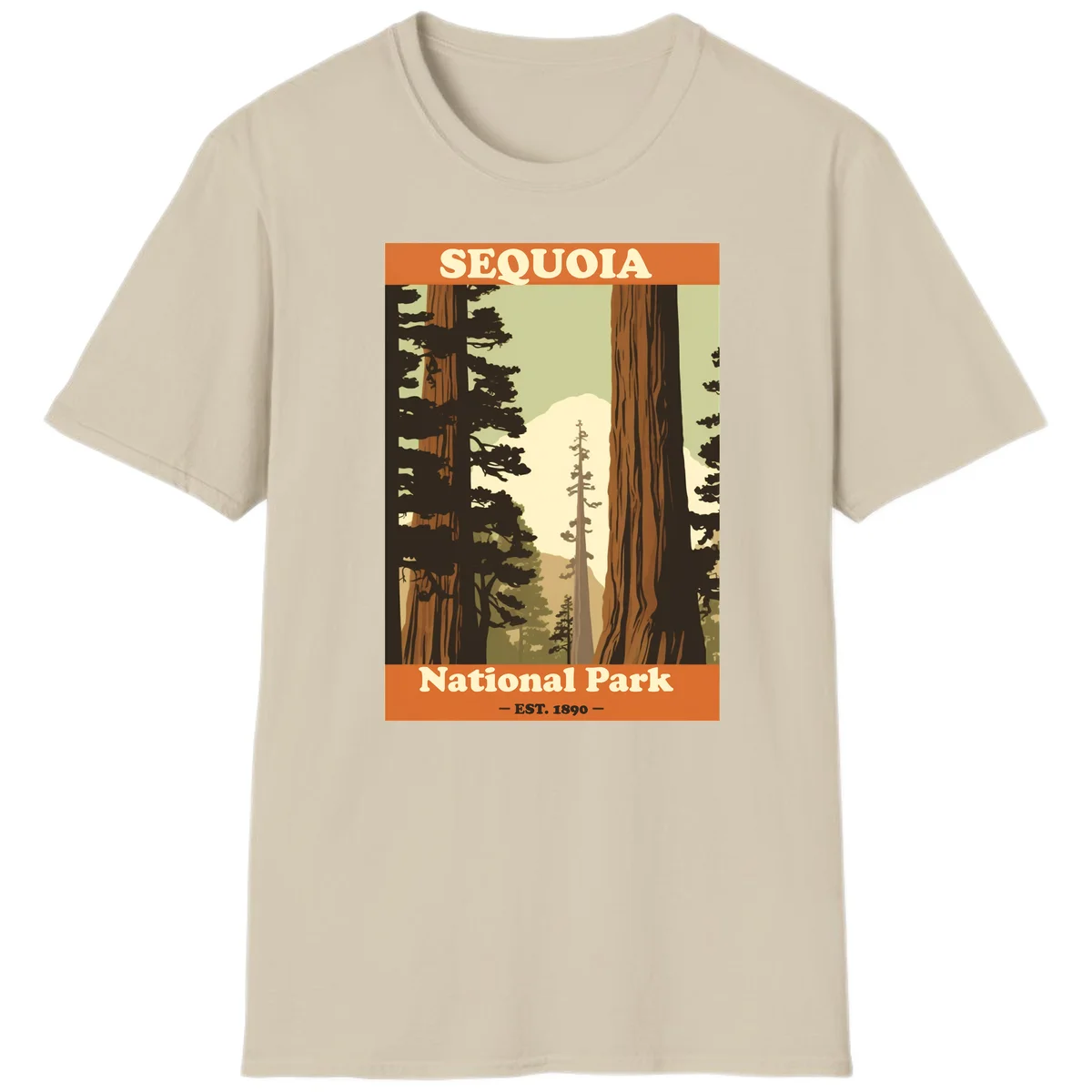 Vintage travel poster illustration of Sequoia National Park featuring towering redwood trees framing a mountain vista, established 1890. in Sand