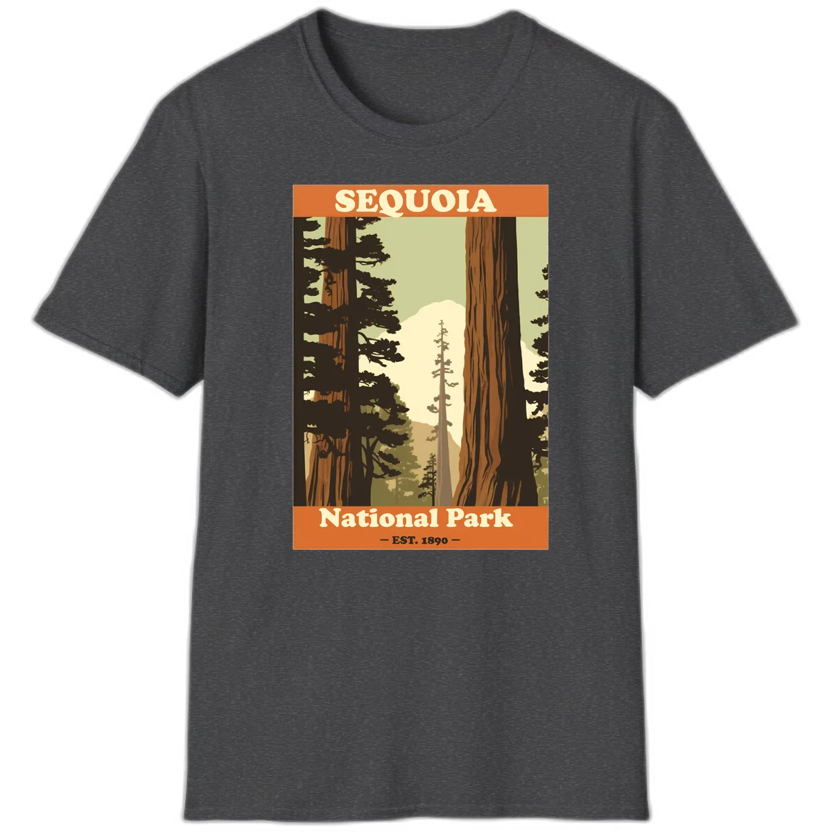 Vintage travel poster illustration of Sequoia National Park featuring towering redwood trees framing a mountain vista, established 1890. in Dark Heather