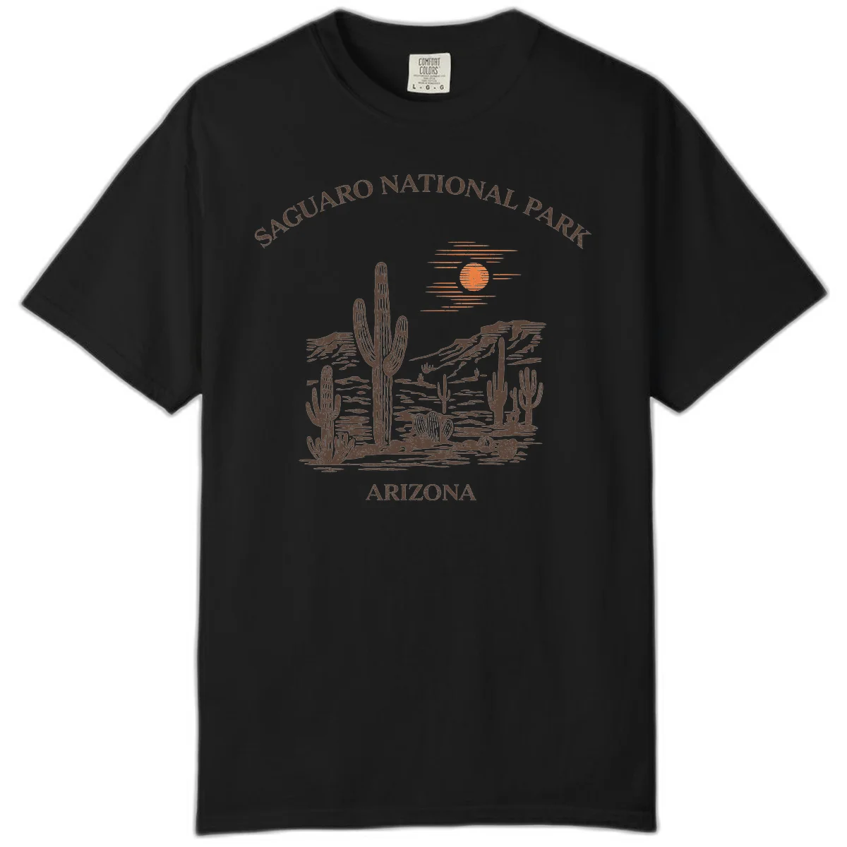 Vintage Saguaro National Park Arizona design with tall saguaro cacti, desert plants, and sun over rocky landscape in Black