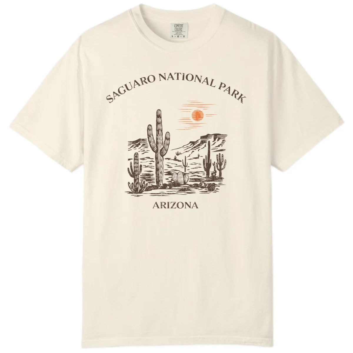 Vintage Saguaro National Park Arizona design with tall saguaro cacti, desert plants, and sun over rocky landscape in Ivory
