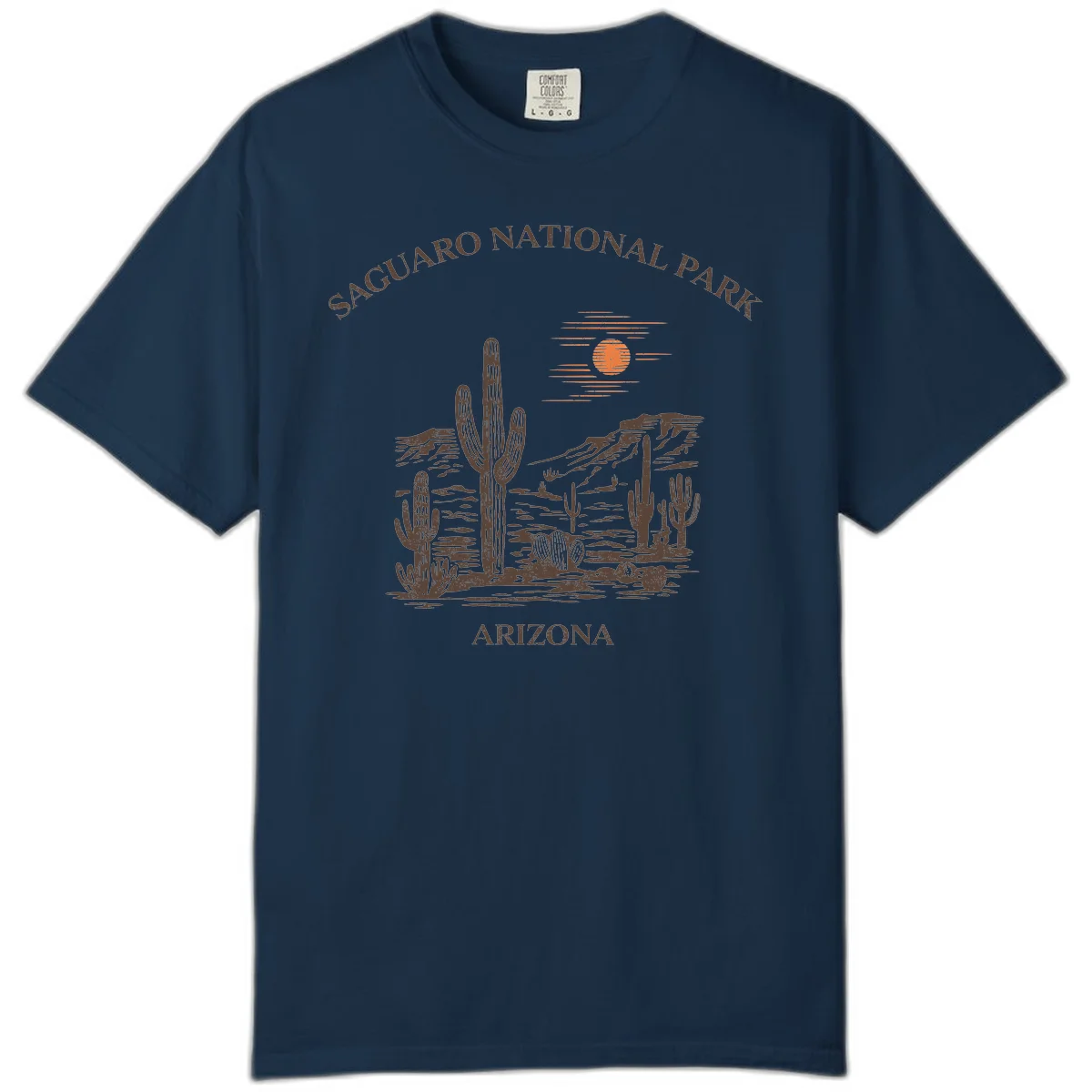 Vintage Saguaro National Park Arizona design with tall saguaro cacti, desert plants, and sun over rocky landscape in True Navy