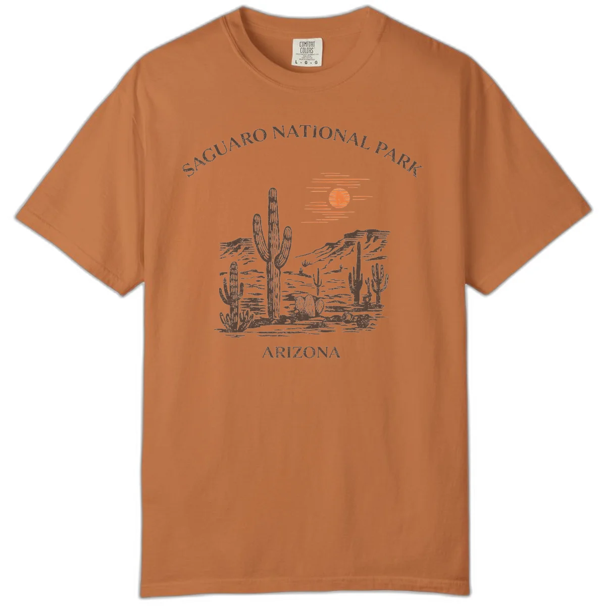 Vintage Saguaro National Park Arizona design with tall saguaro cacti, desert plants, and sun over rocky landscape in Yam